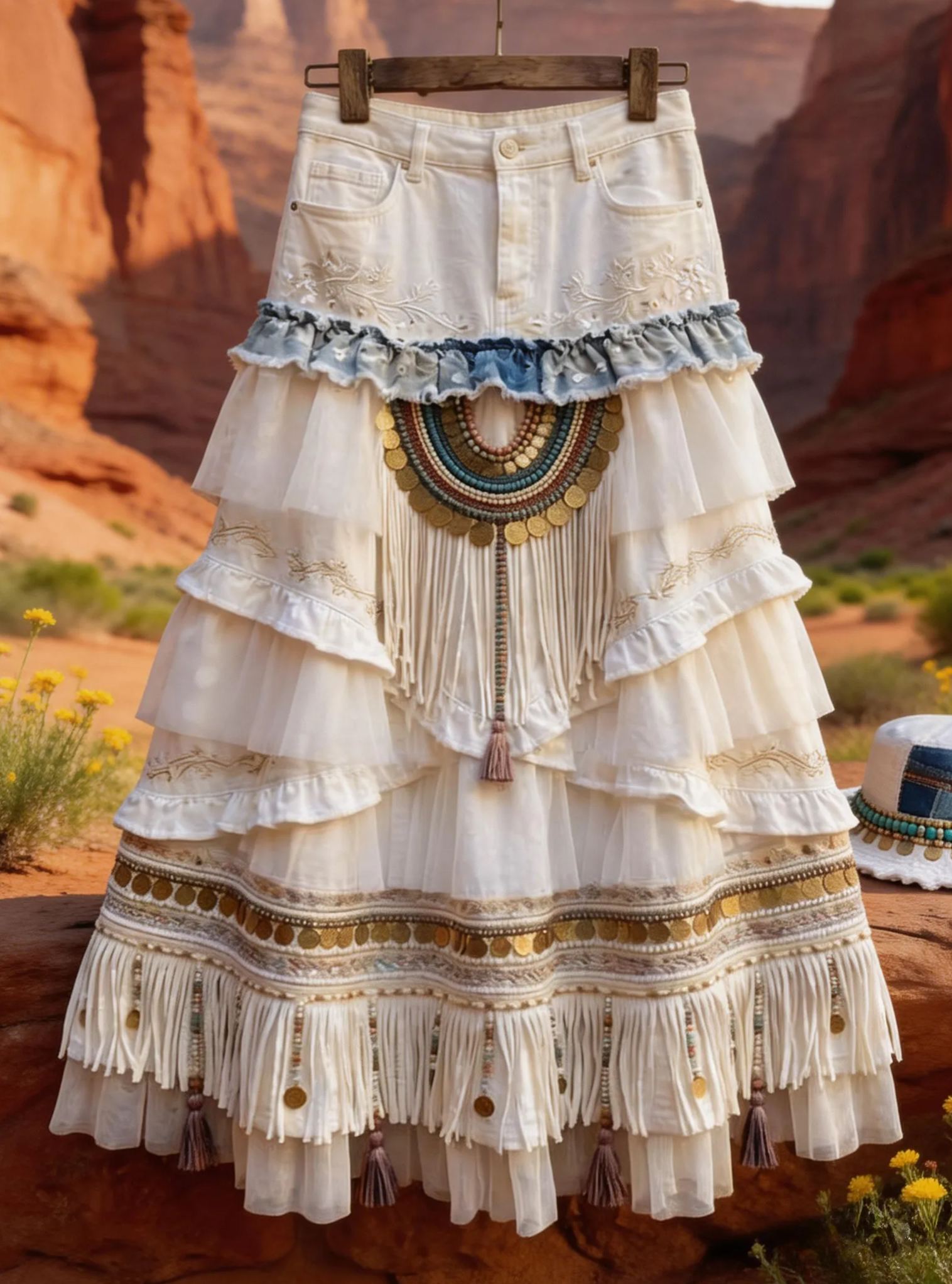 Bohemian Western White Denim Patchwork Tulle Tiered Maxi Skirt 