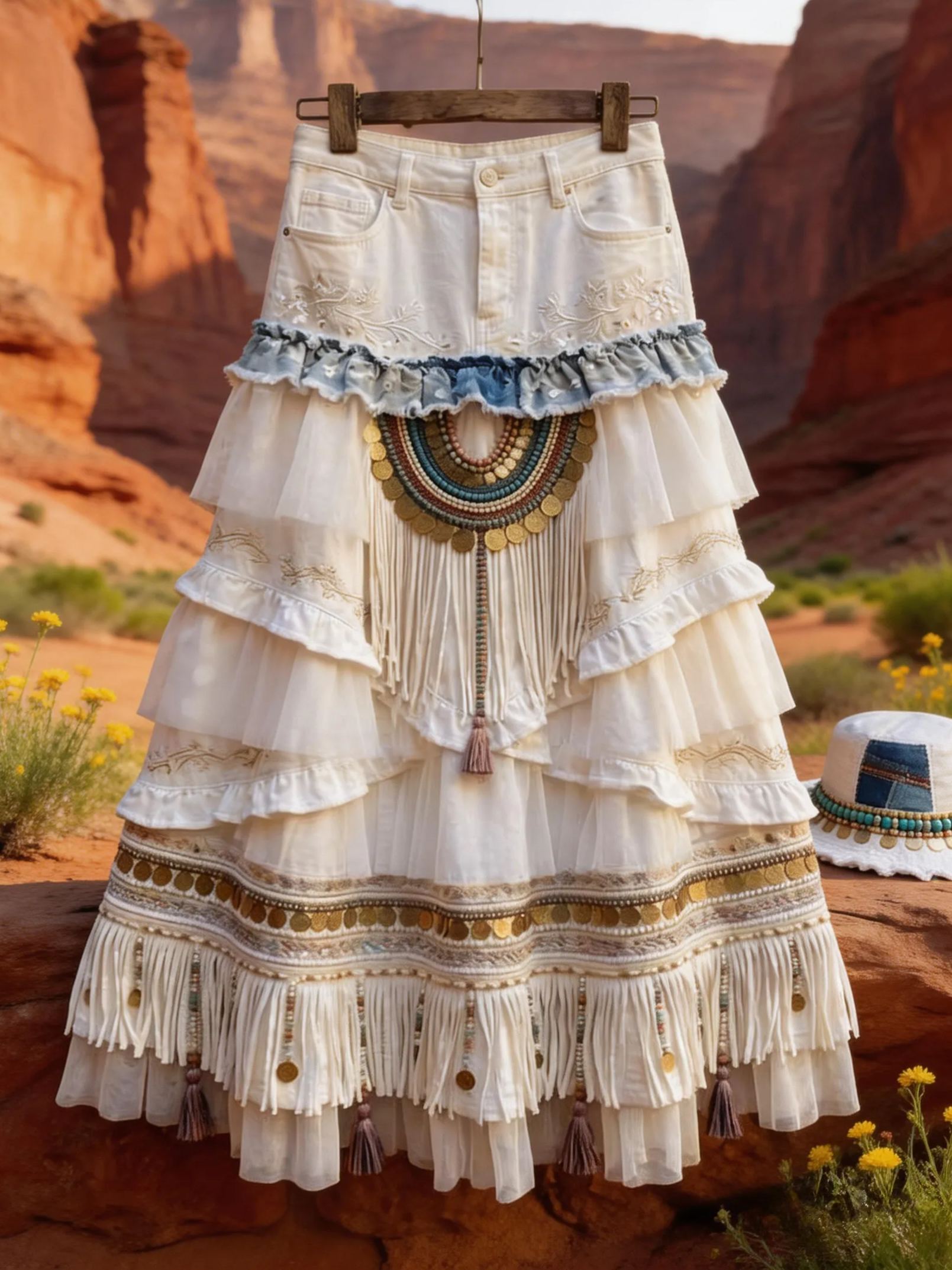 Bohemian Western White Denim Patchwork Tulle Tiered Maxi Skirt 