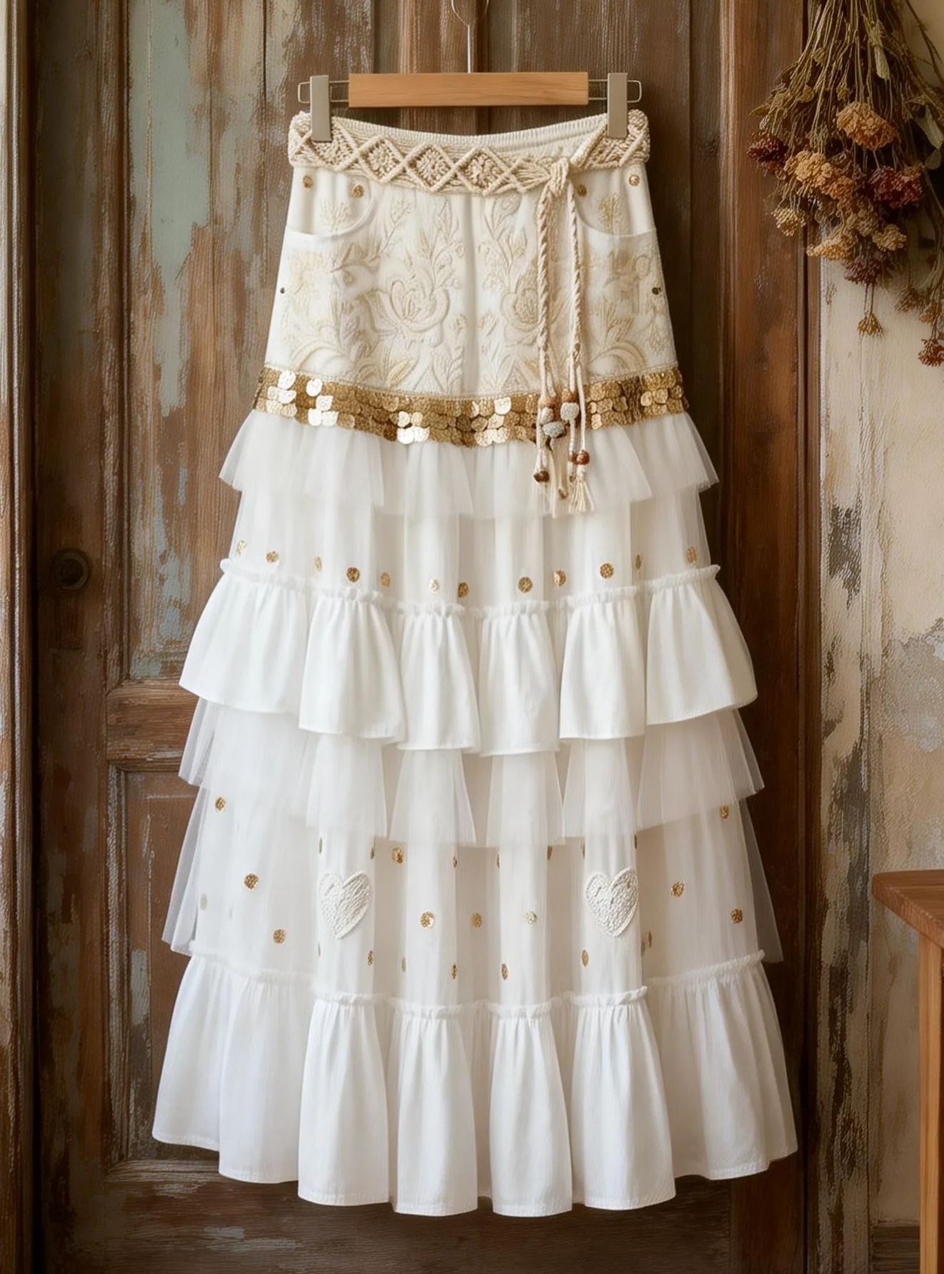 Vintage Bohemian White Embroidered Tulle Tiered Maxi Skirt with Macrame Waist Tie