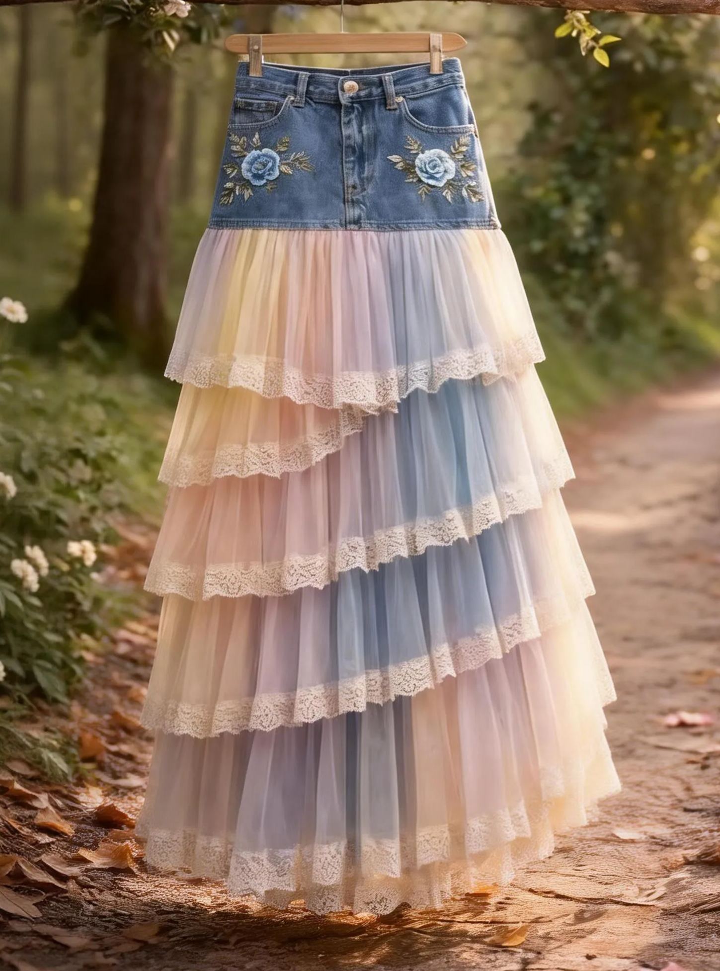 Fairy Pastoral Denim & Pastel Gradient Tulle Lace Tiered Maxi Skirt with Blue Rose Embroidery