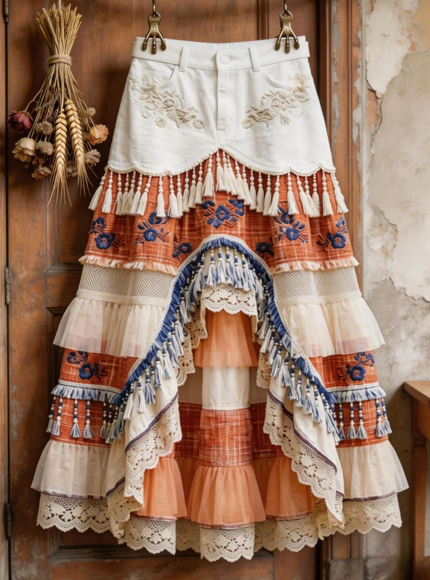 Bohemian Ethnic White Denim & Orange Plaid Patchwork Tiered Maxi Skirt