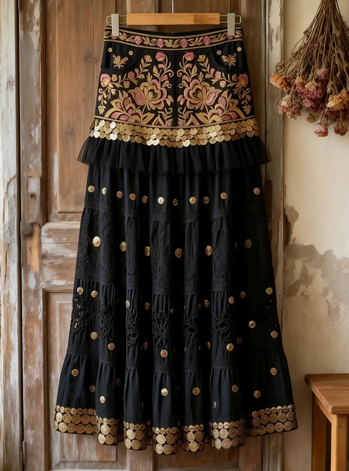 Bohemian Black Embroidered Tulle Tiered Maxi Skirt