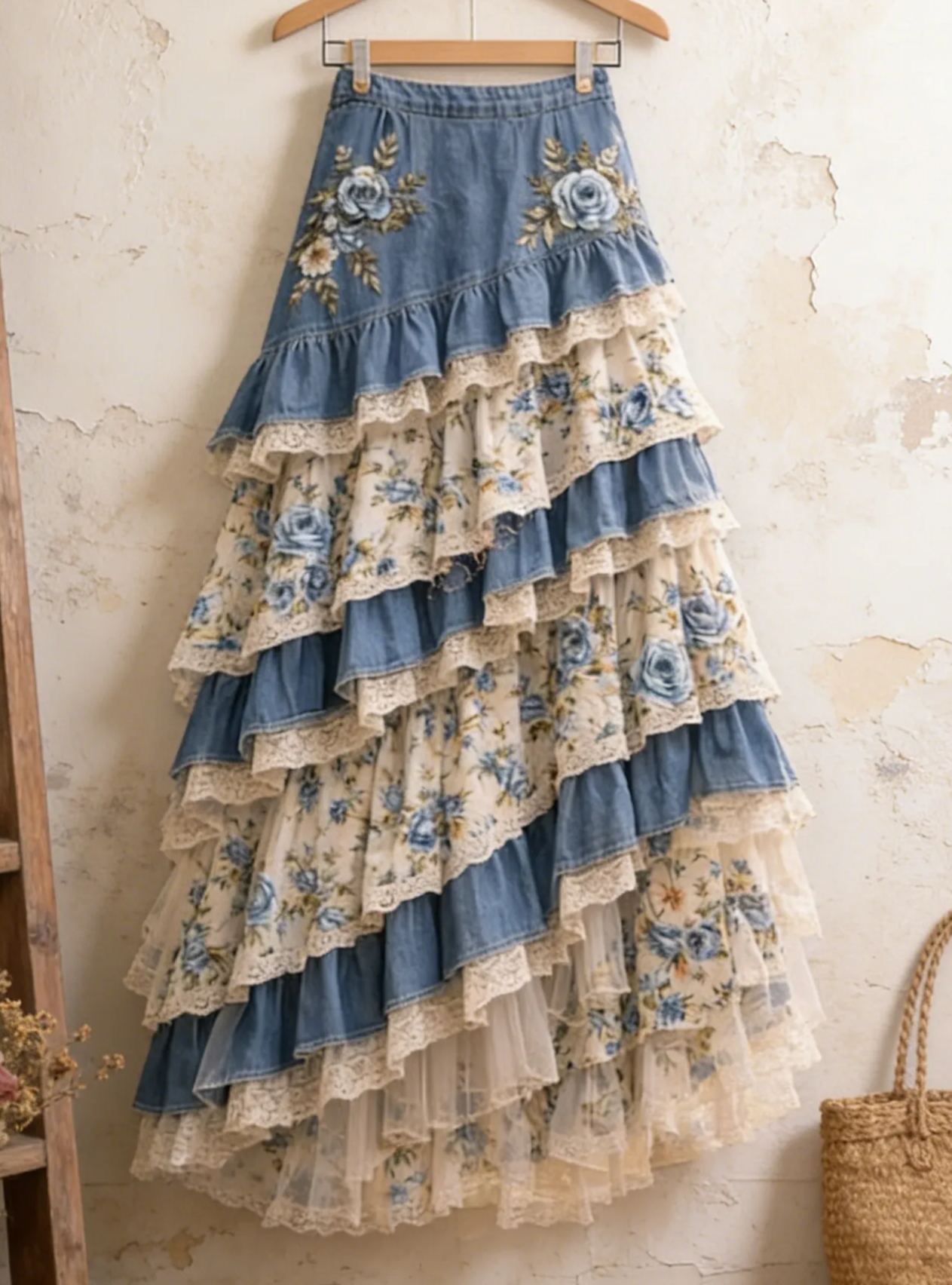 Vintage Pastoral Denim & Blue Rose Floral Lace Patchwork Tiered Maxi Skirt