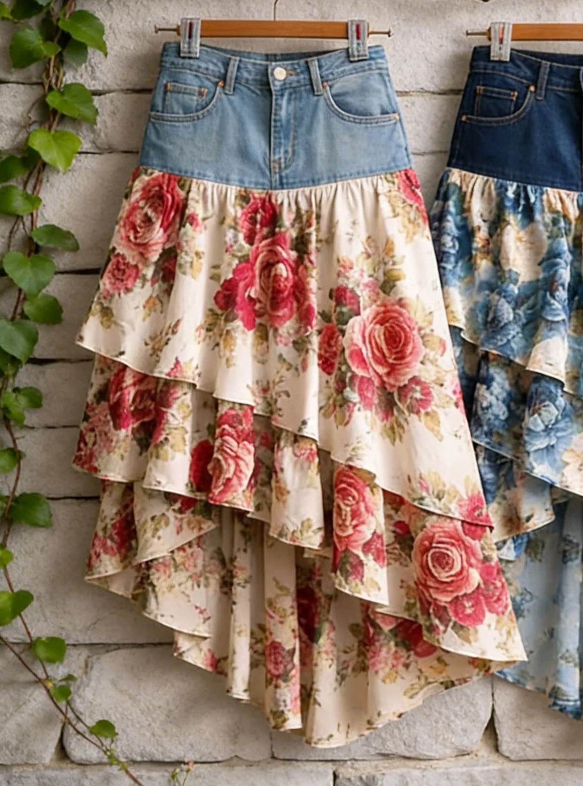 Pastoral Denim Patchwork Rose Floral Print Asymmetrical Tiered Midi Skirt