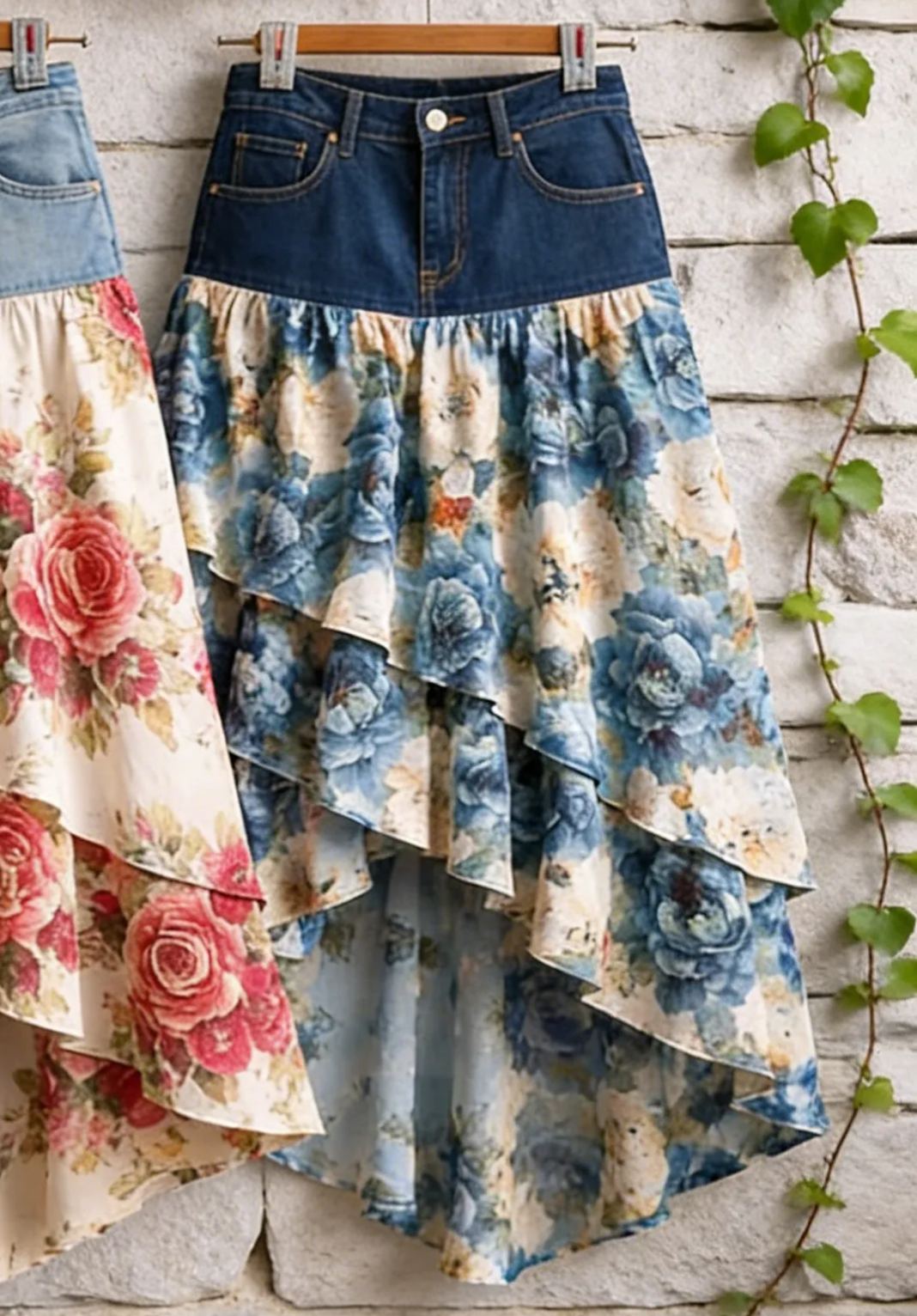 Pastoral Denim Patchwork Rose Floral Print Asymmetrical Tiered Midi Skirt