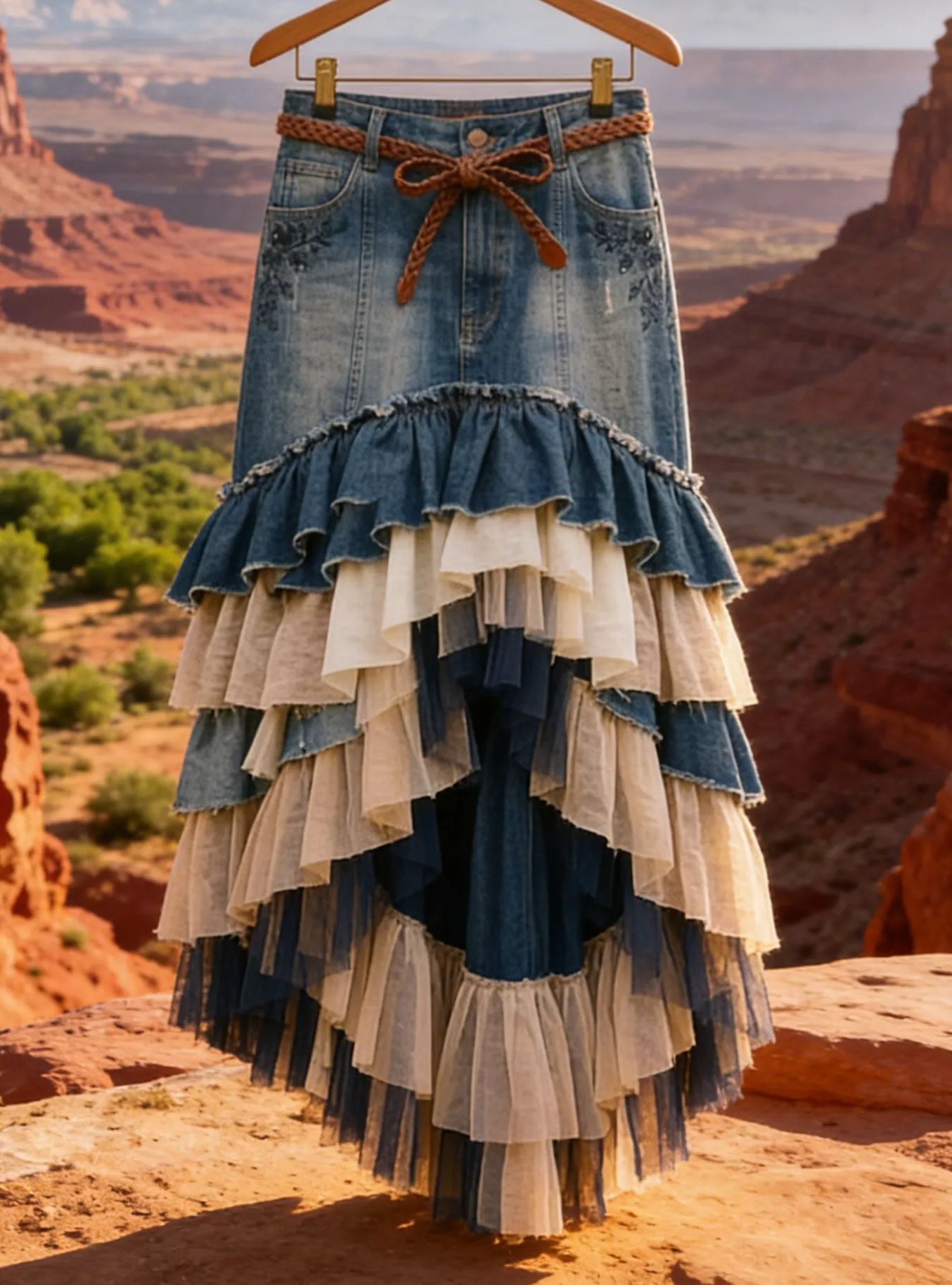 Western Bohemian Denim & Linen-Tulle Tiered High-Low Maxi Skirt with Braided Belt