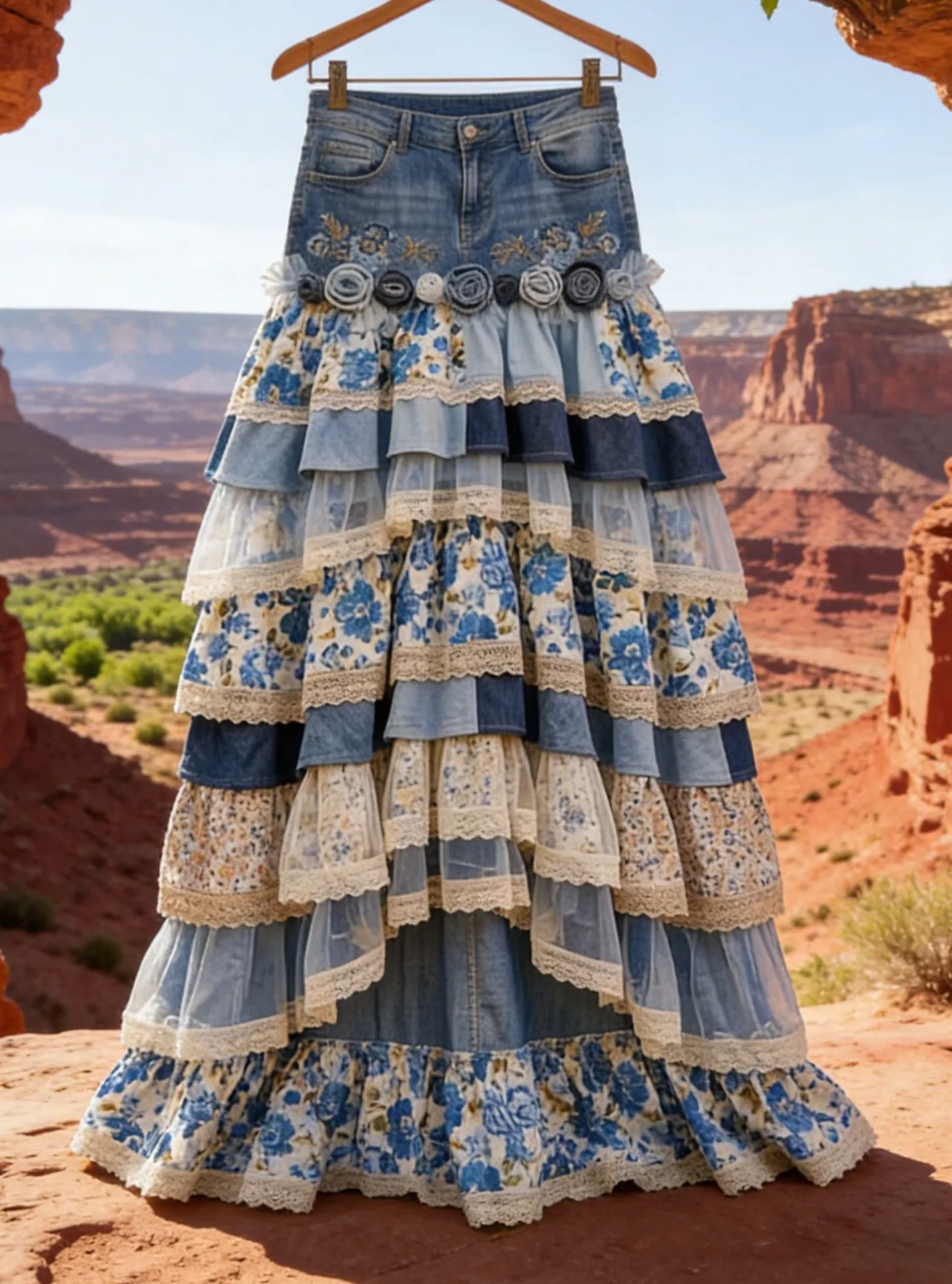 Vintage Western Bohemian Denim Patchwork 3D Blue Rose Floral Lace Tiered Maxi Skirt