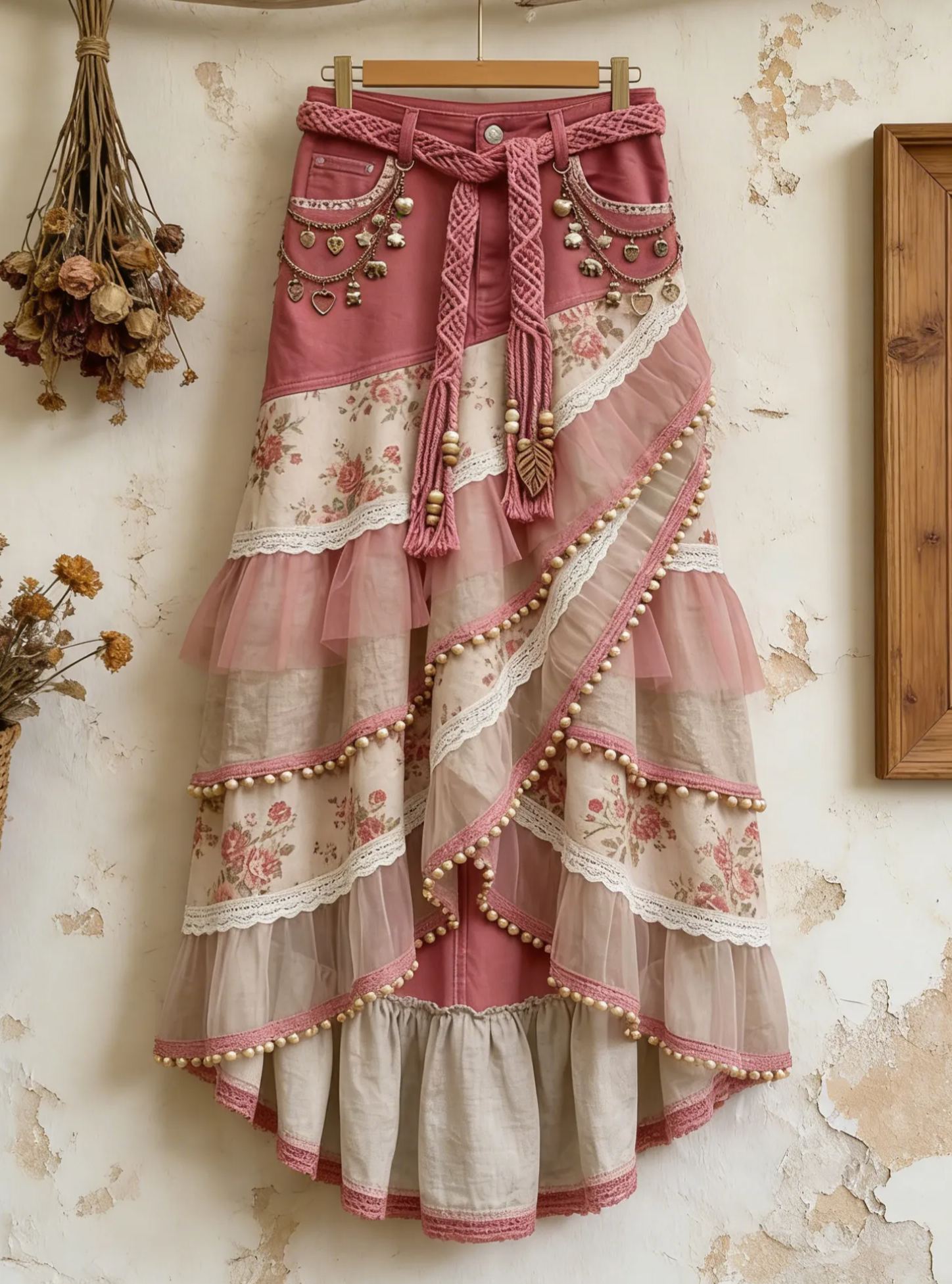 Denim Patchwork Floral Asymmetrical Tiered Lace & Tulle Maxi Skirt