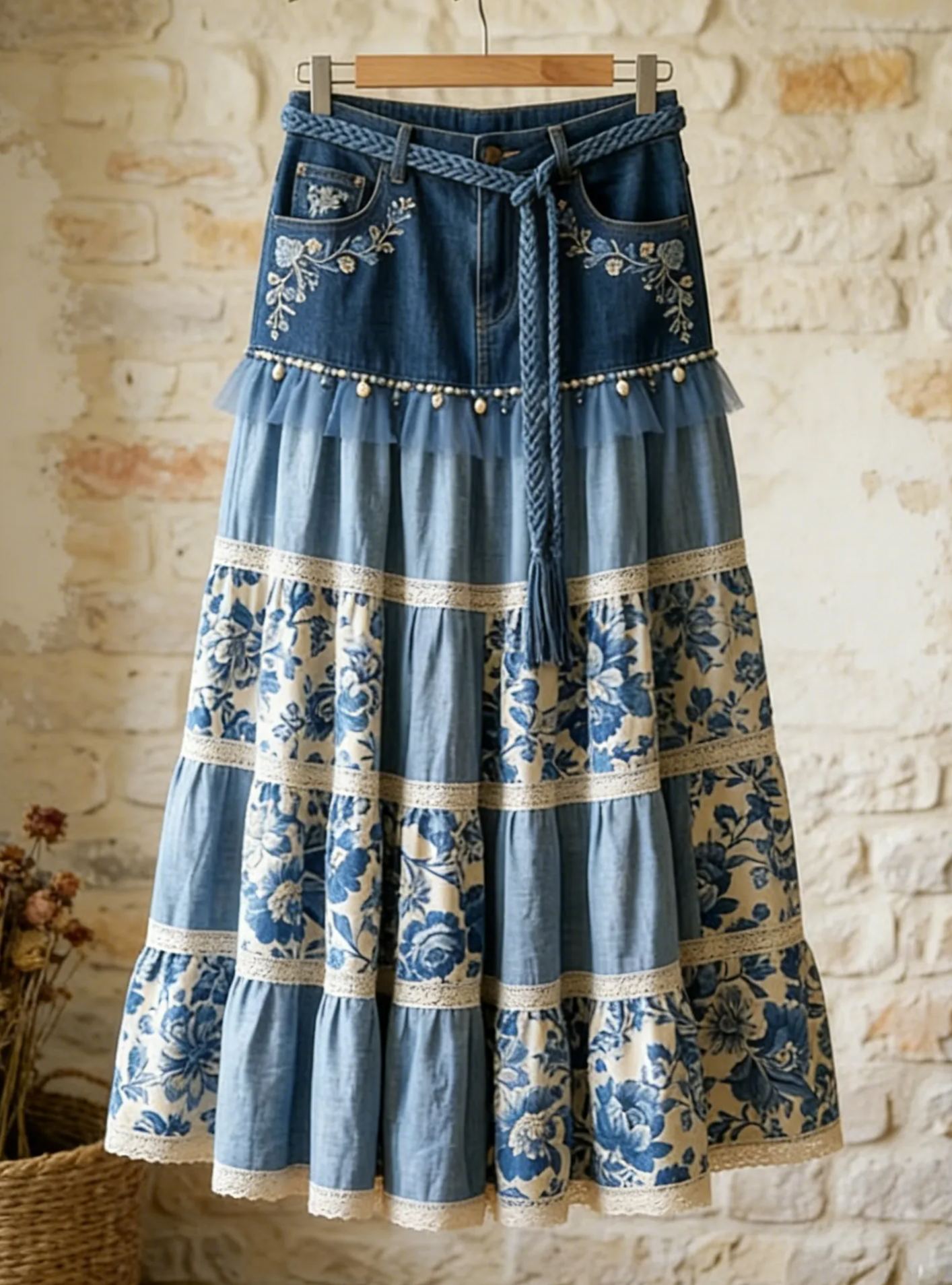 Fairy Romantic Denim Patchwork 3D Blue Rose Asymmetrical Maxi Skirt with Lace & Tulle