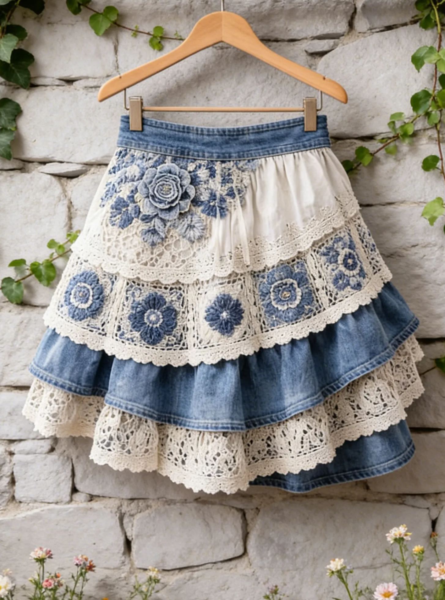 Pastoral Denim Patchwork 3D Blue Rose Crochet Lace Tiered Mini Skirt