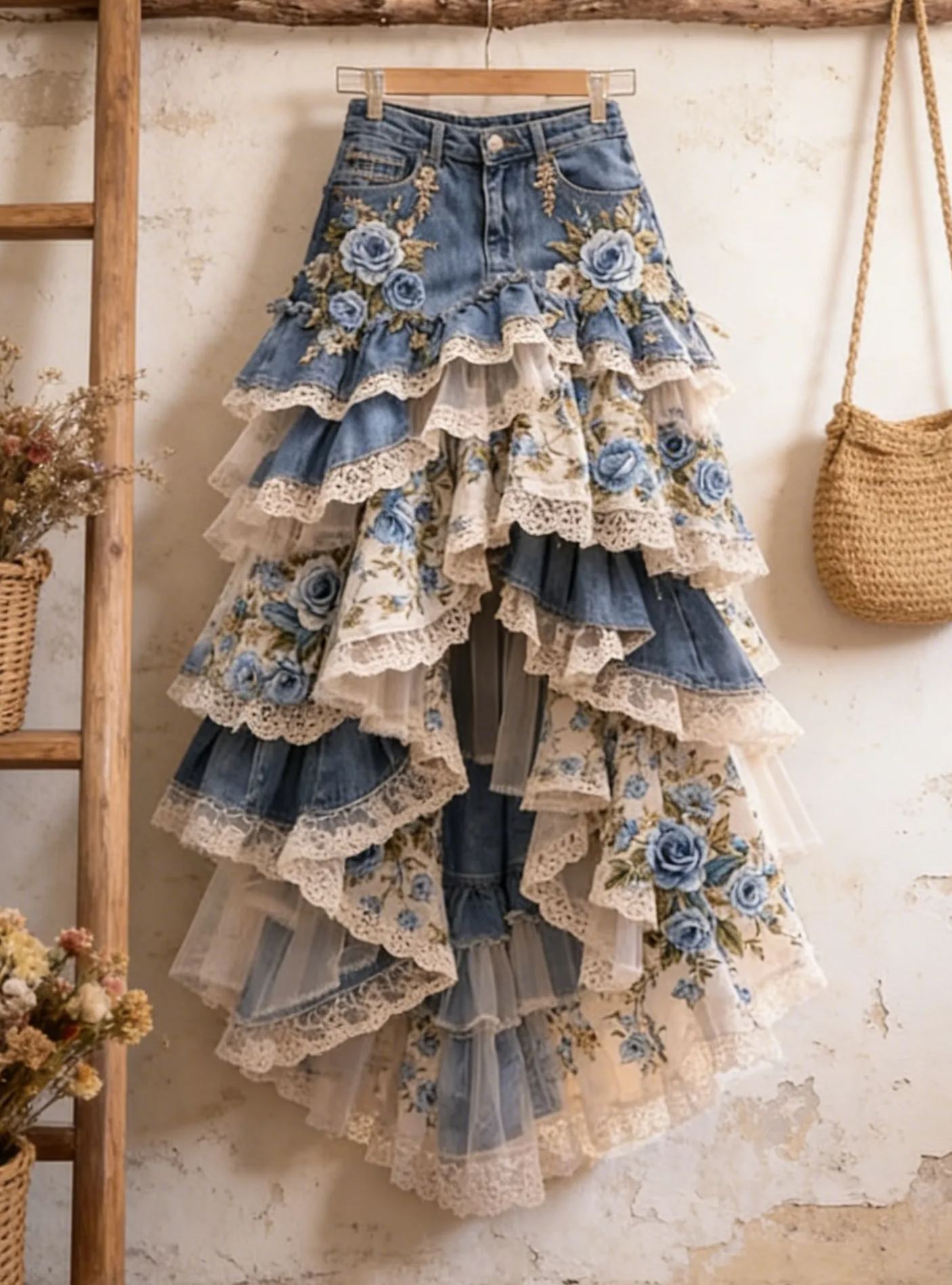 Fairy Romantic Denim Patchwork 3D Blue Rose Asymmetrical Maxi Skirt
