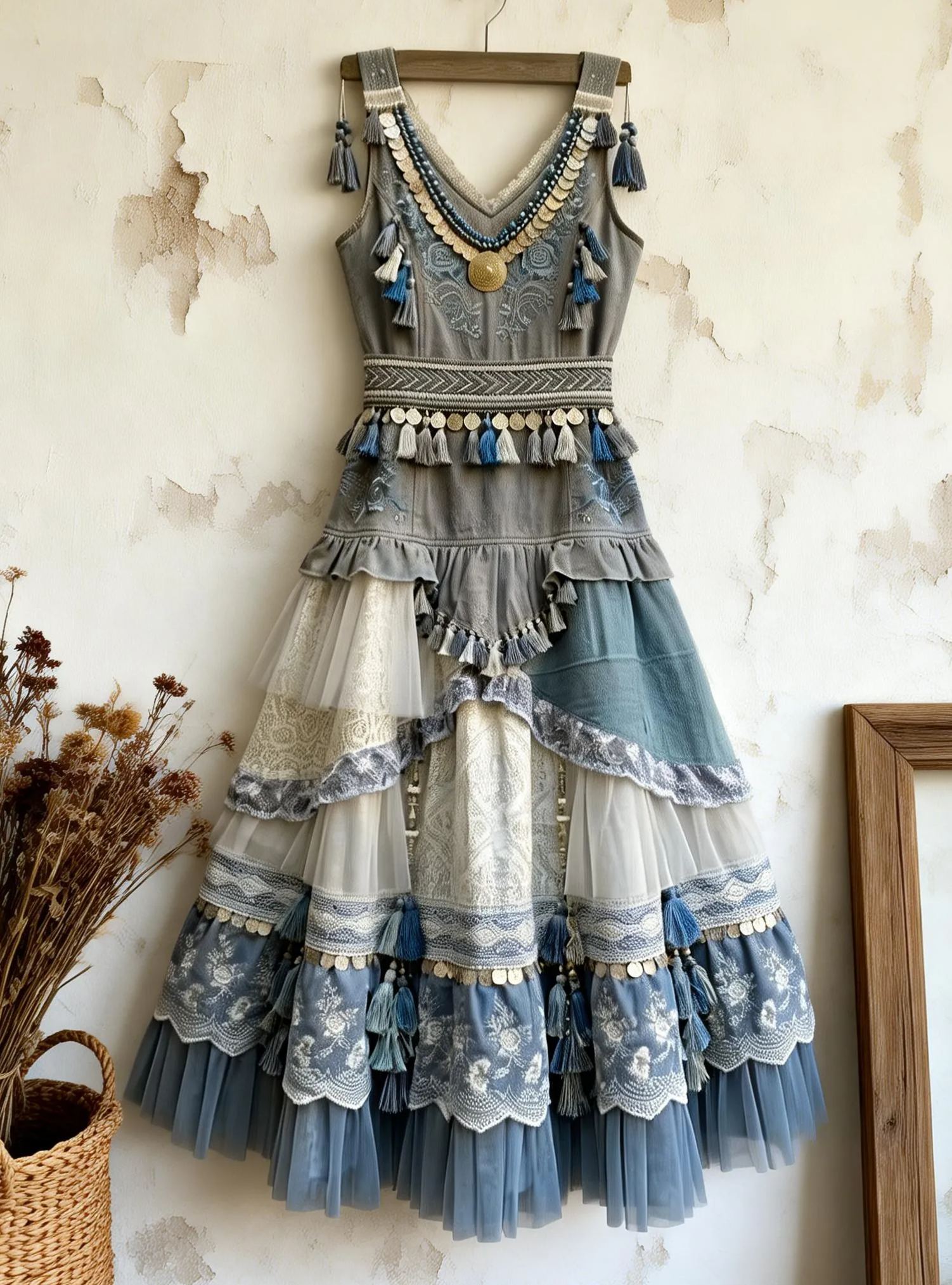 Bohemian Ethnic Gray-Blue Tassels & Embroidery Sleeveless Tiered Maxi Dress 