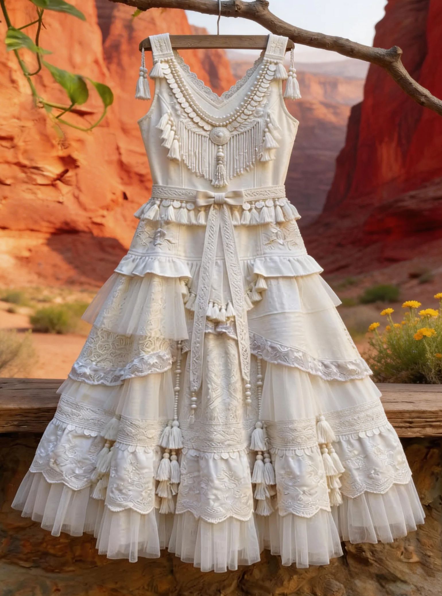 Bohemian Ethnic Gray-Blue Tassels & Embroidery Sleeveless Tiered Maxi Dress 
