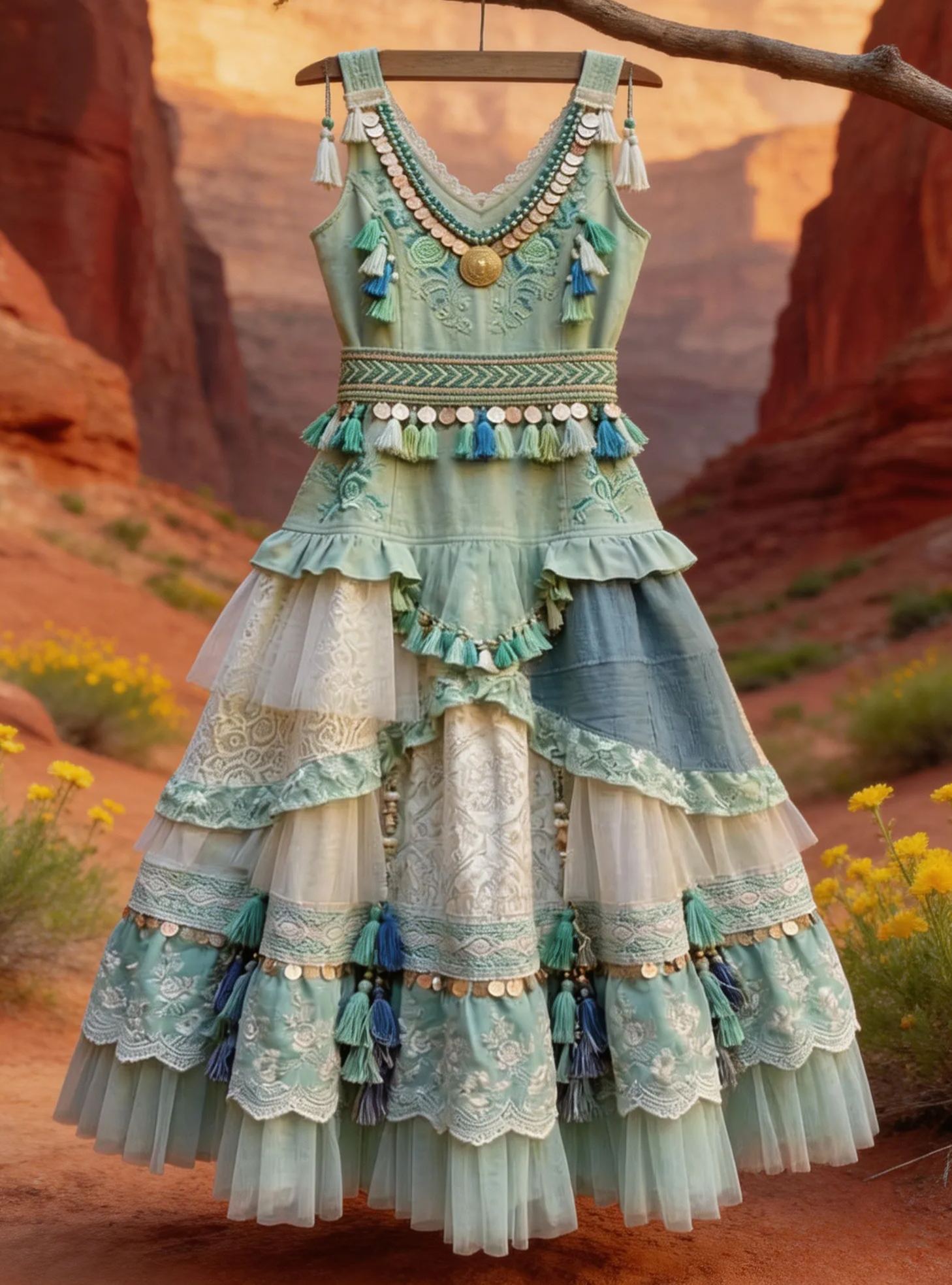 Bohemian Ethnic Gray-Blue Tassels & Embroidery Sleeveless Tiered Maxi Dress 