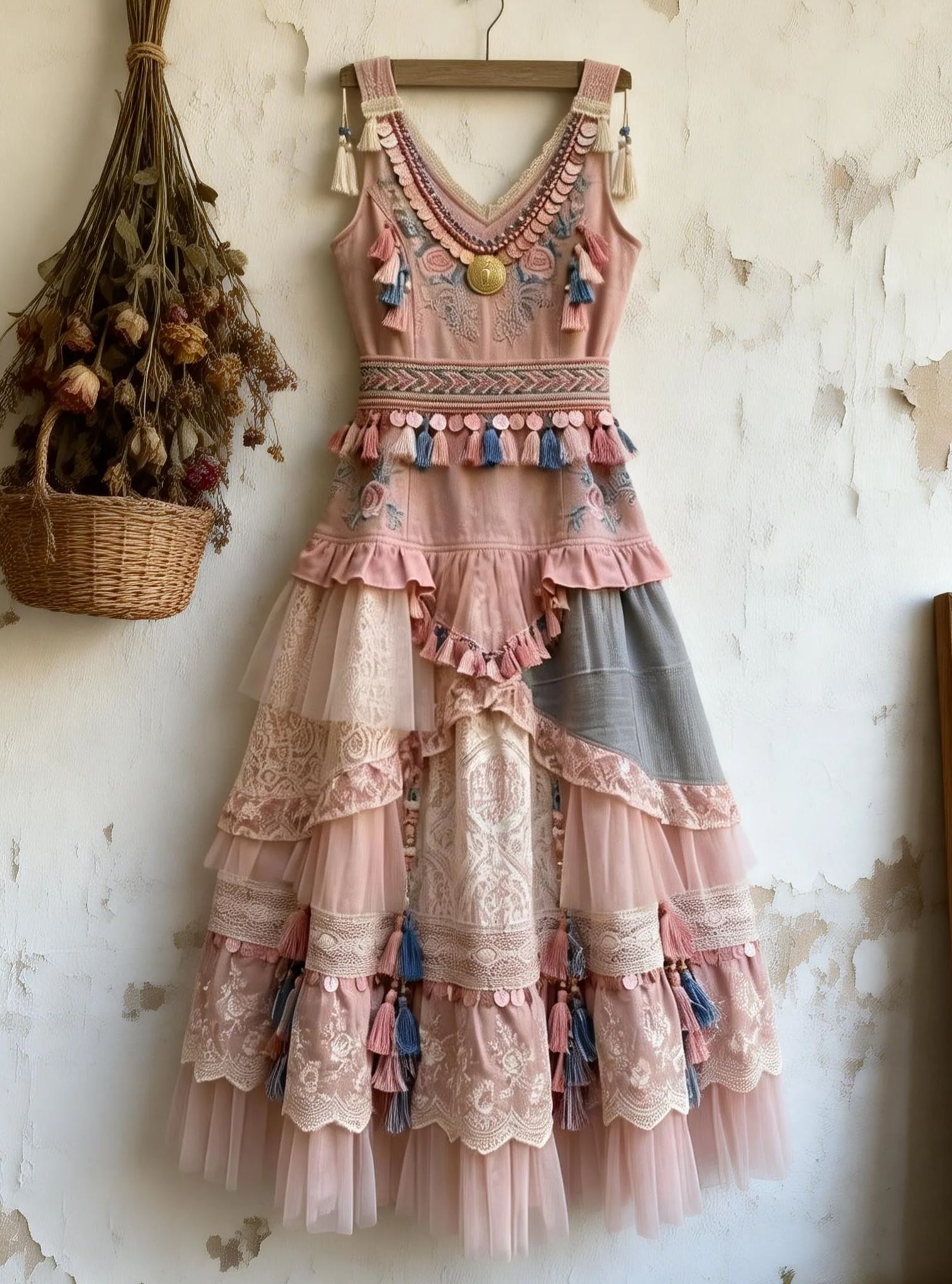 Bohemian Ethnic Gray-Blue Tassels & Embroidery Sleeveless Tiered Maxi Dress 
