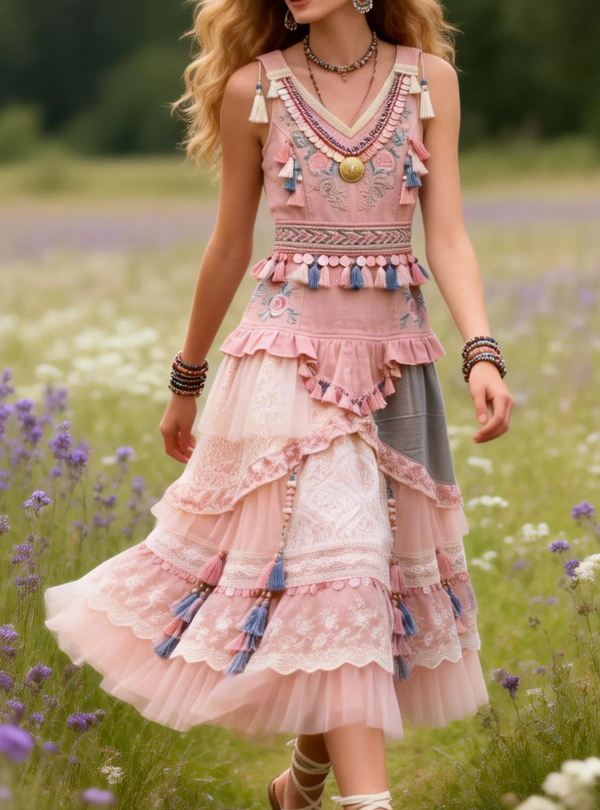 Bohemian Ethnic Tassels & Embroidery Sleeveless Tiered Maxi Dress 