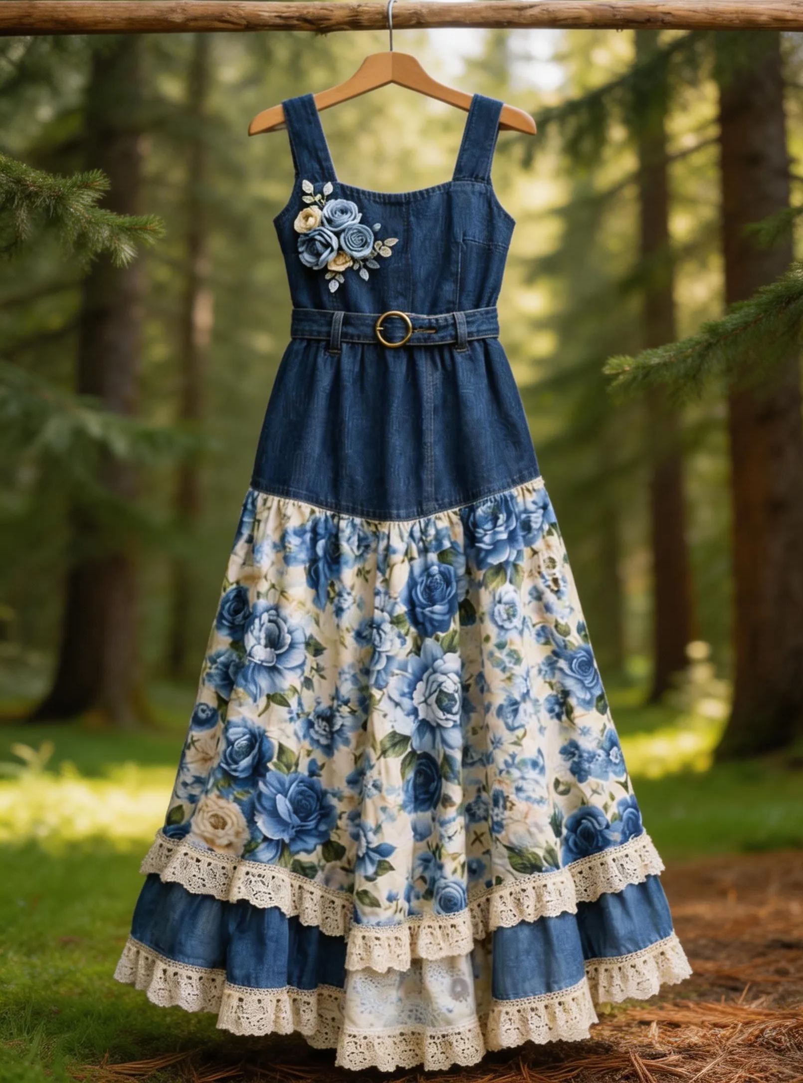 Pastoral Denim Patchwork 3D Blue Rose Floral Tiered Maxi Dress with Belt
