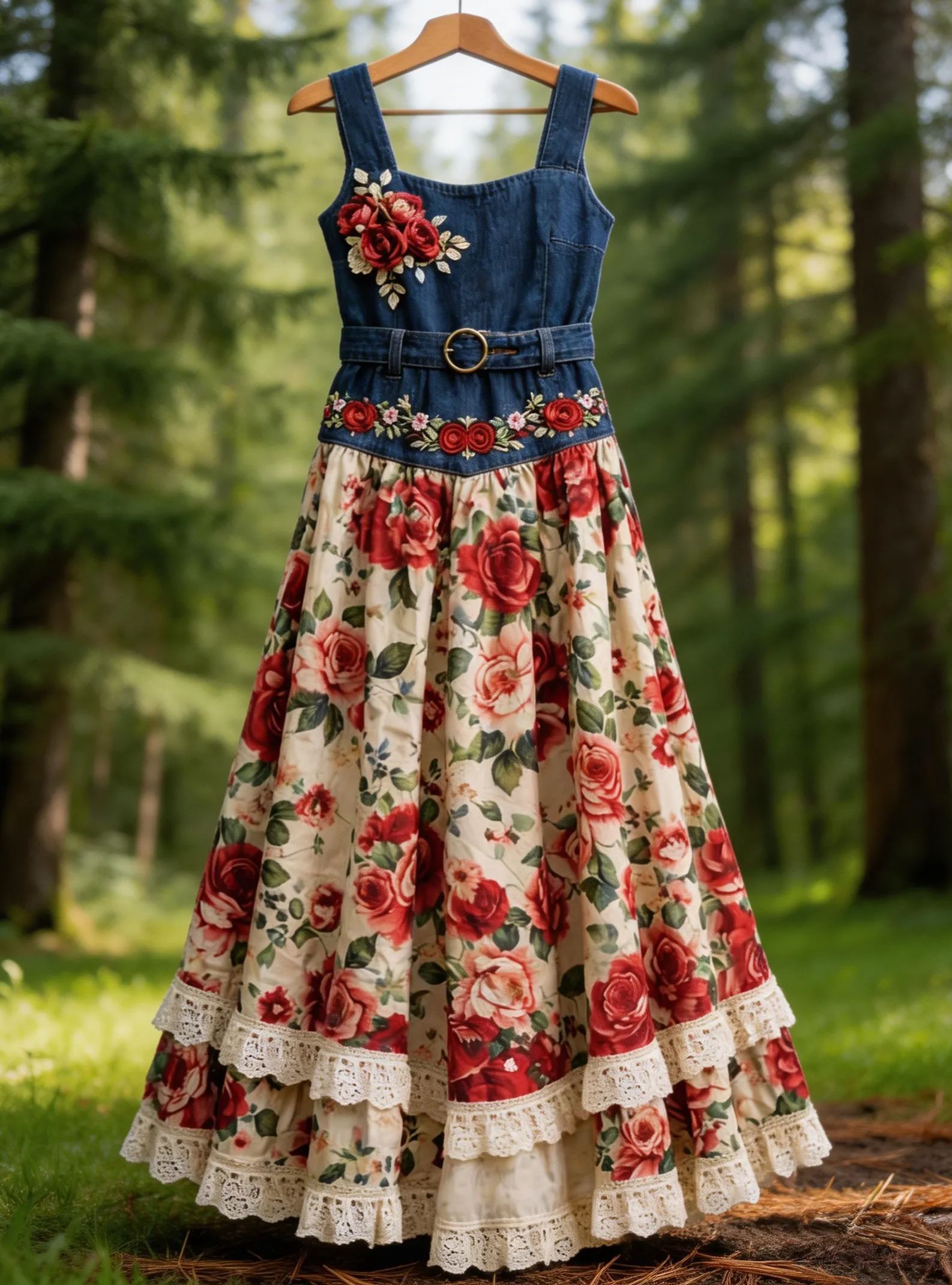 Pastoral Denim Patchwork 3D Blue Rose Floral Tiered Maxi Dress with Belt