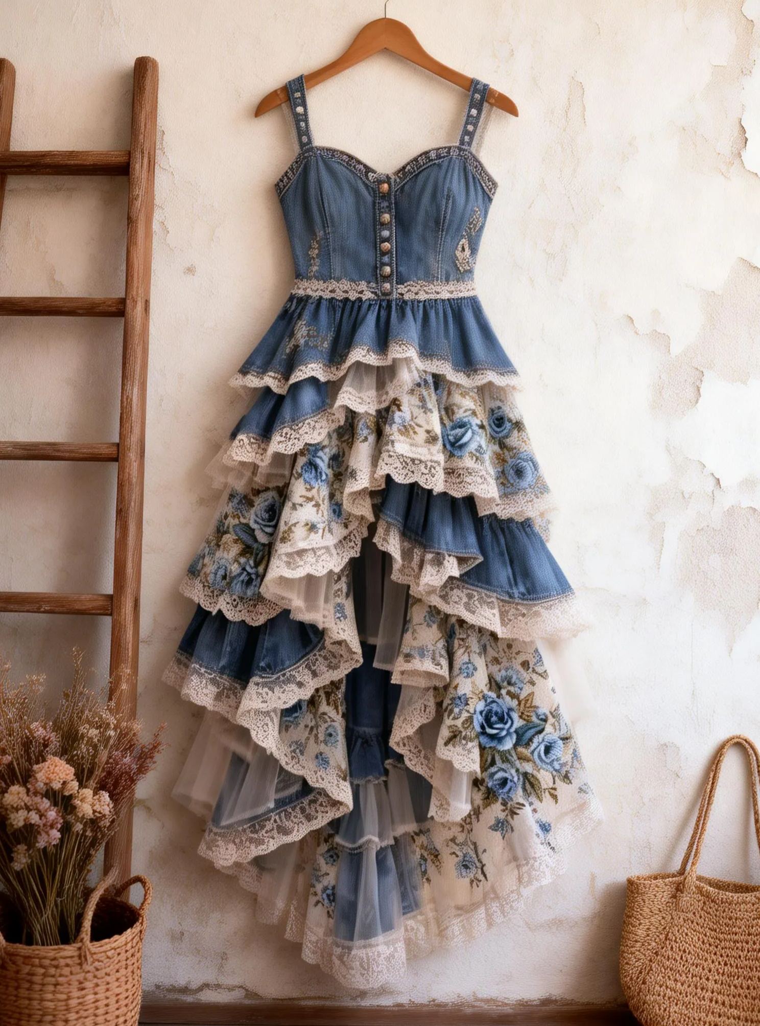 Bohemian Romantic Denim Corset-Style Tiered Sleeveless Maxi Dress with 3D Blue Rose