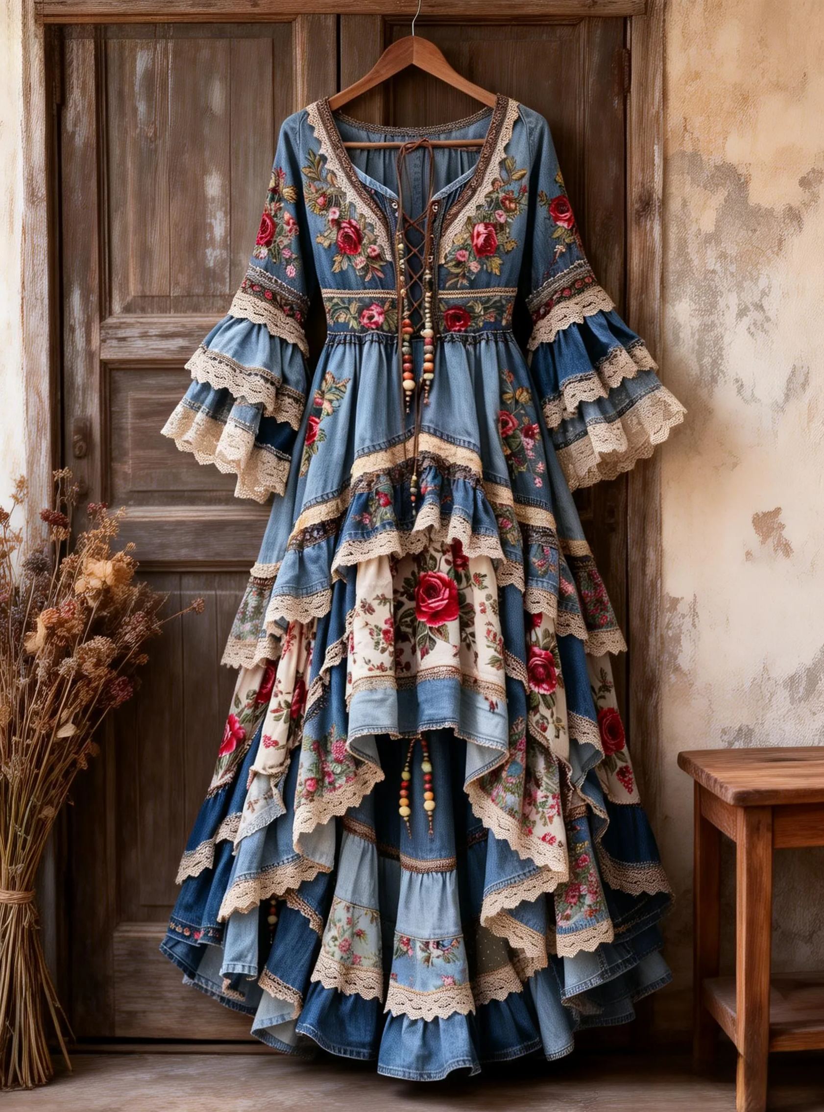 Bohemian Vintage Red Rose Embroidery Denim Bell Sleeve Tiered Maxi Dress