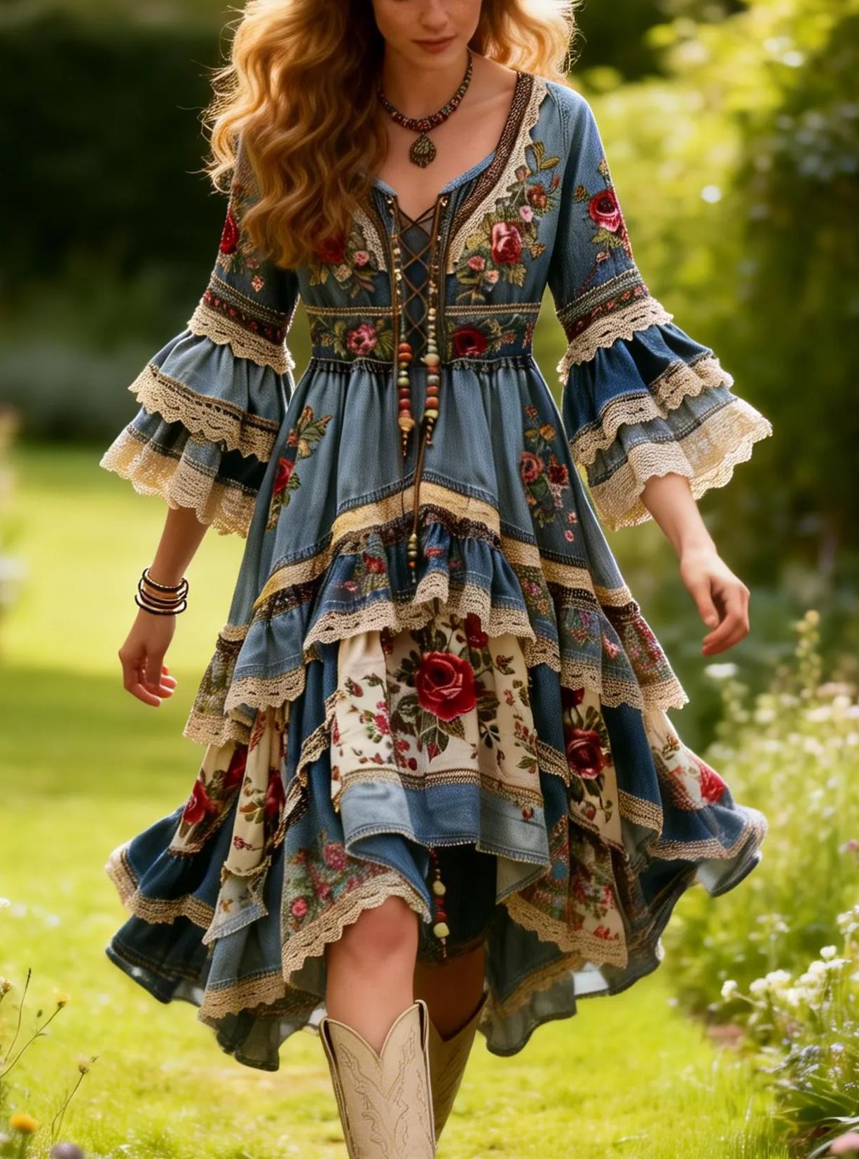Bohemian Vintage Red Rose Embroidery Denim Bell Sleeve Tiered Maxi Dress