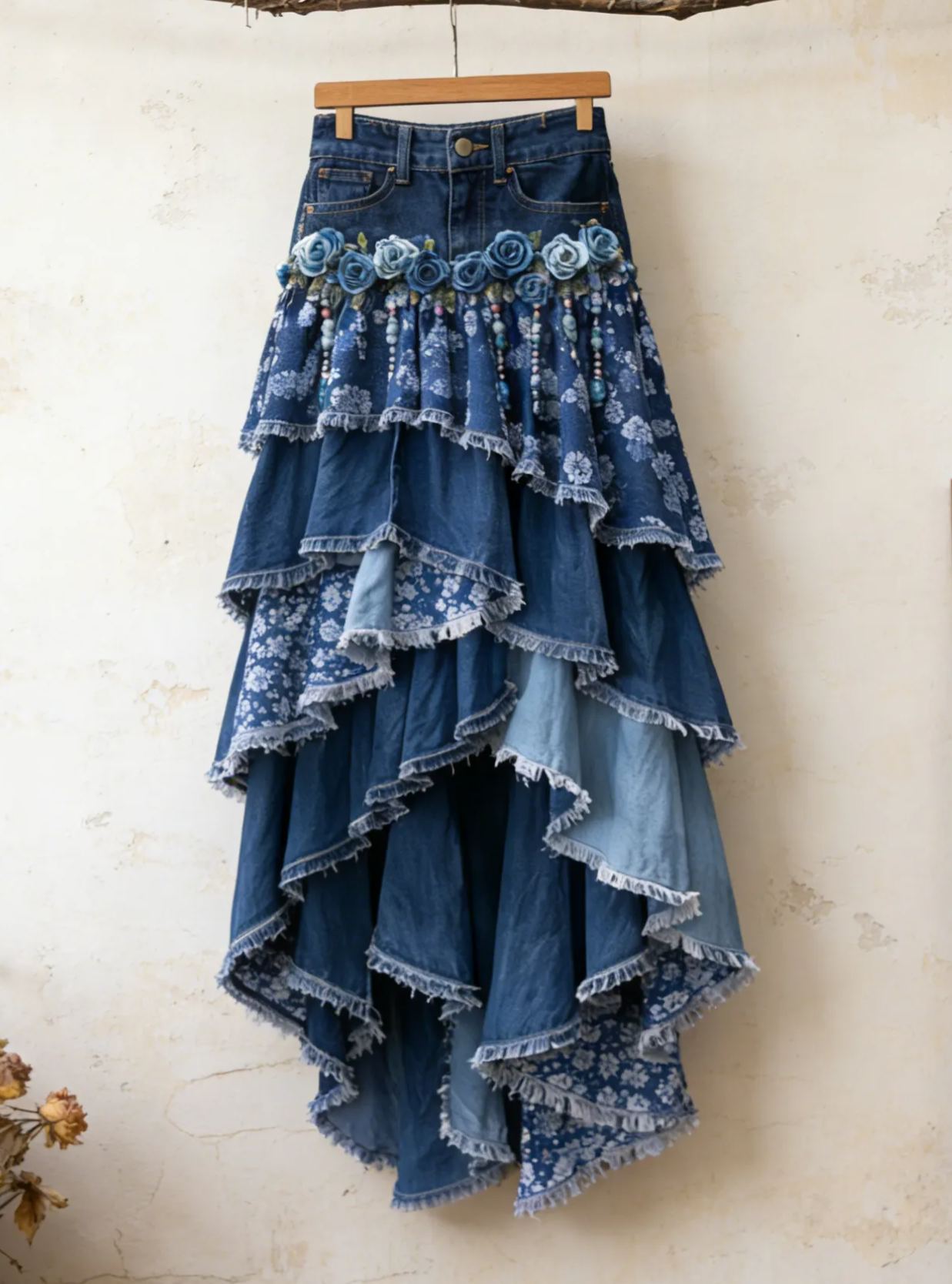 Vintage Pastoral Denim Patchwork Rose Floral Ruffled Asymmetrical Maxi Skirt