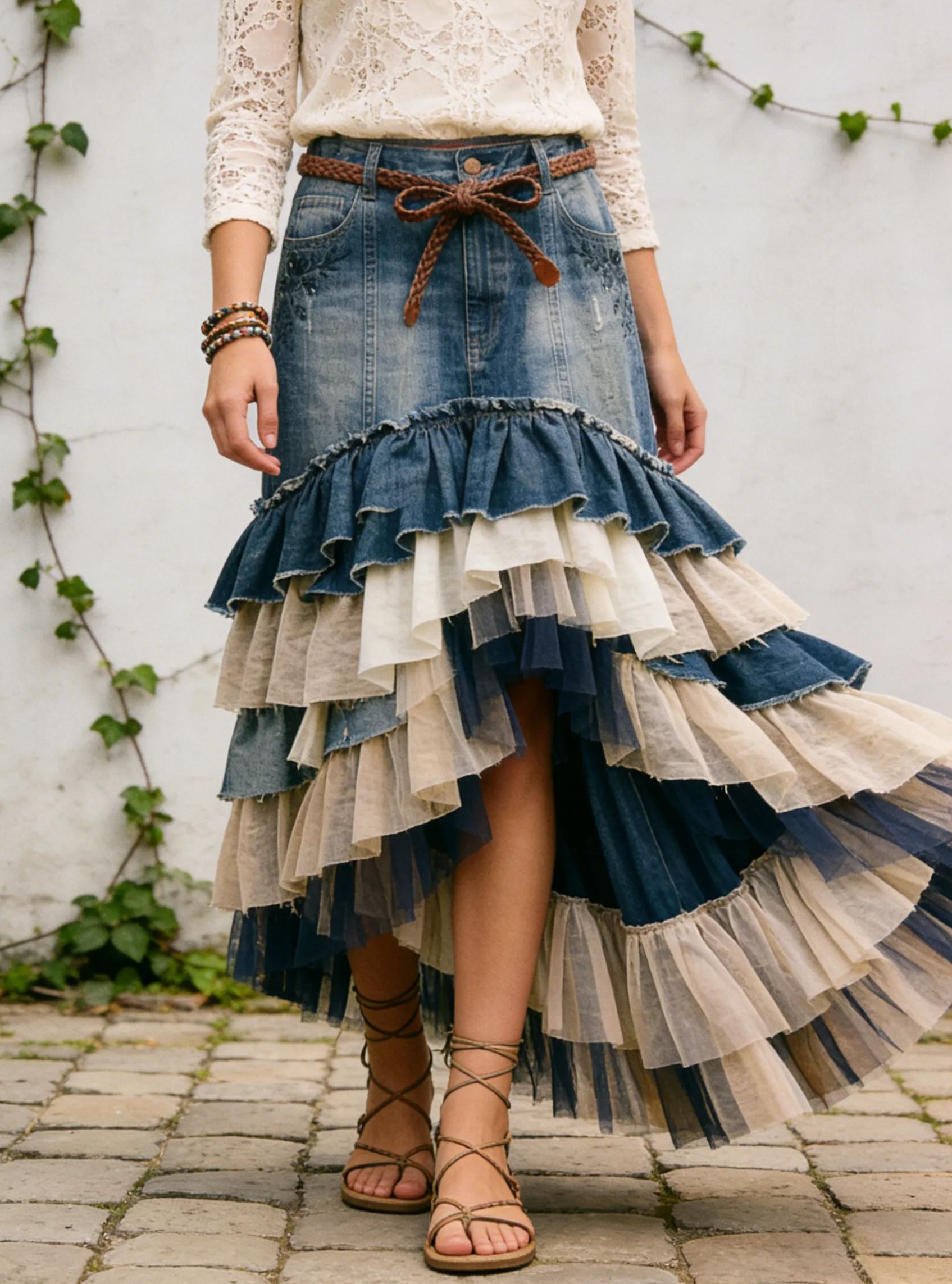 Western Bohemian Denim & Linen-Tulle Tiered High-Low Maxi Skirt with Braided Belt
