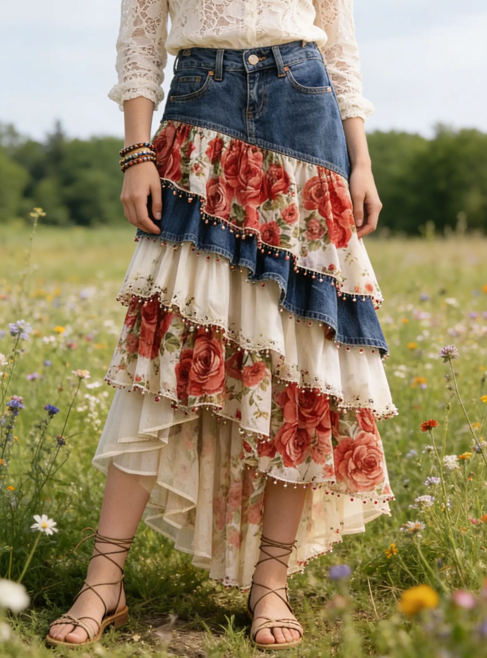 Vintage Romantic Denim Patchwork Red Rose Floral Beaded Asymmetrical Maxi Skirt