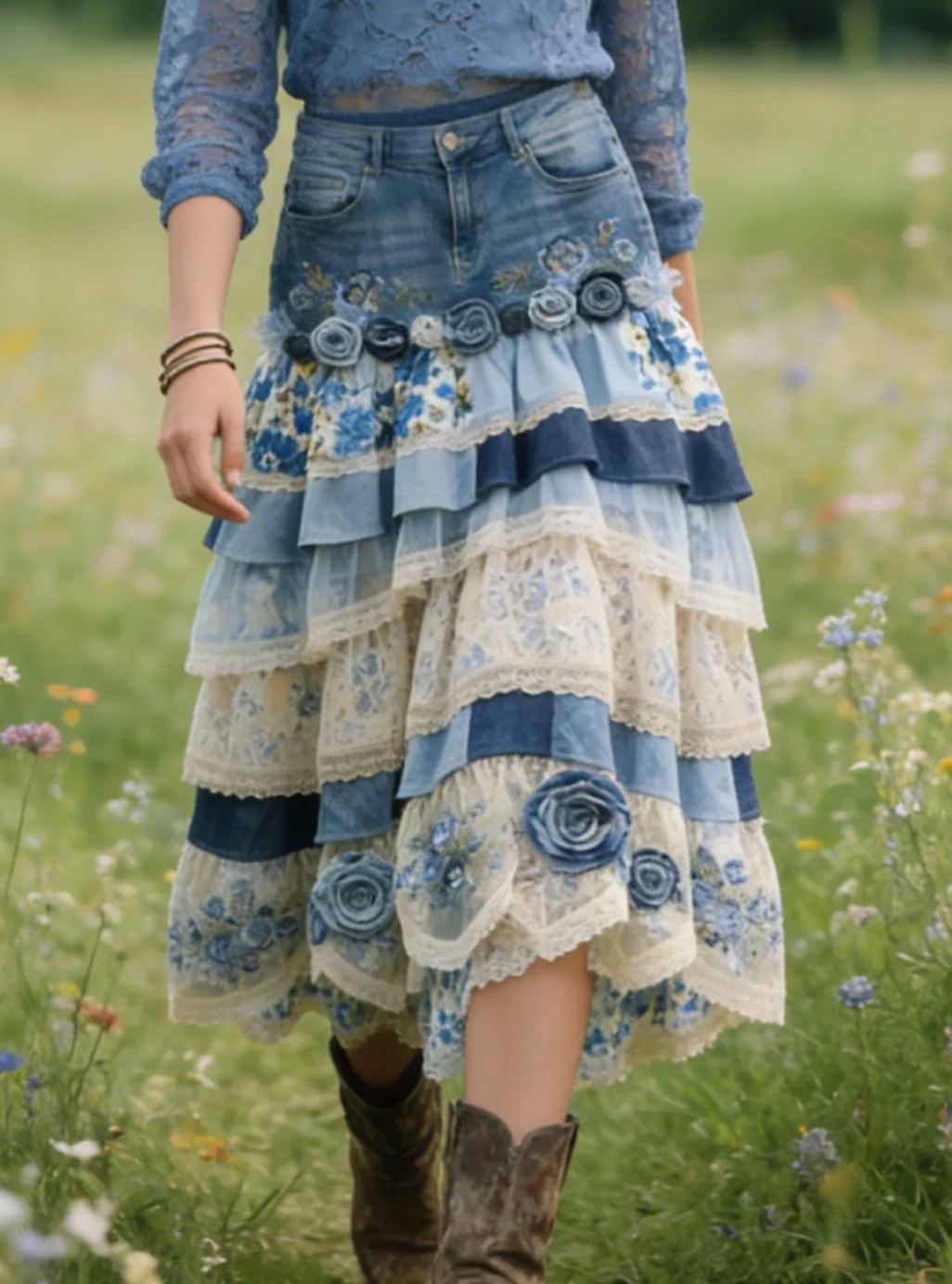 Vintage Court Style Blue Denim Blue Rose Embroidered Tulle Lace Tiered Maxi Skirt