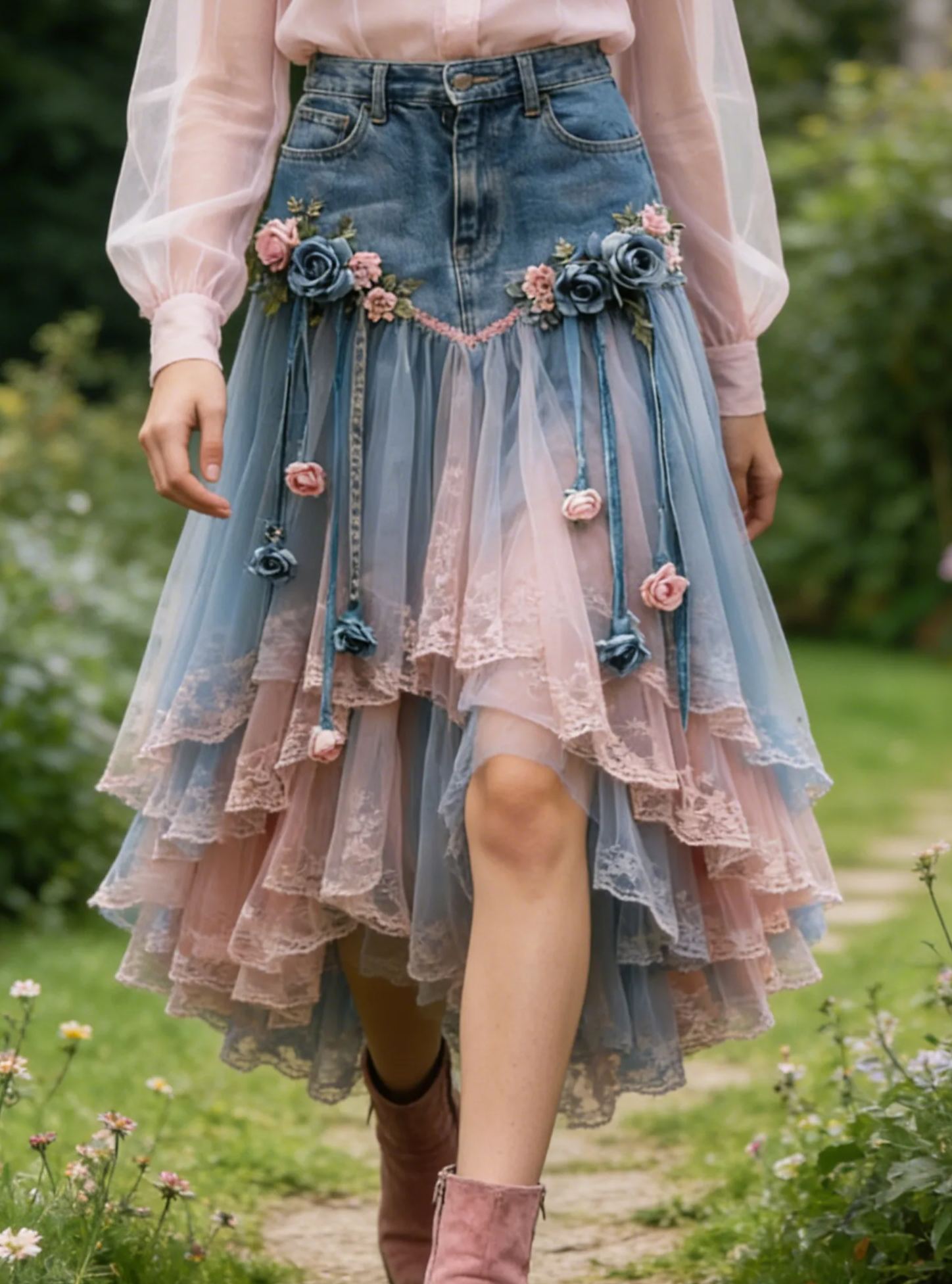 Fairy Pink-Blue Gradient Tulle Denim Patchwork 3D Flower Tassel Maxi Skirt