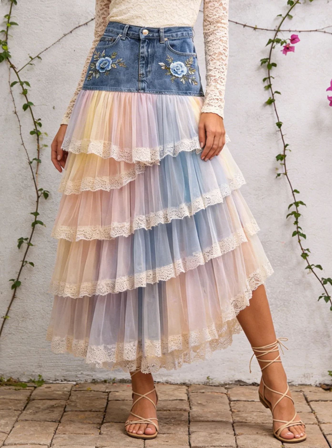 Fairy Pastoral Denim & Pastel Gradient Tulle Lace Tiered Maxi Skirt with Blue Rose Embroidery