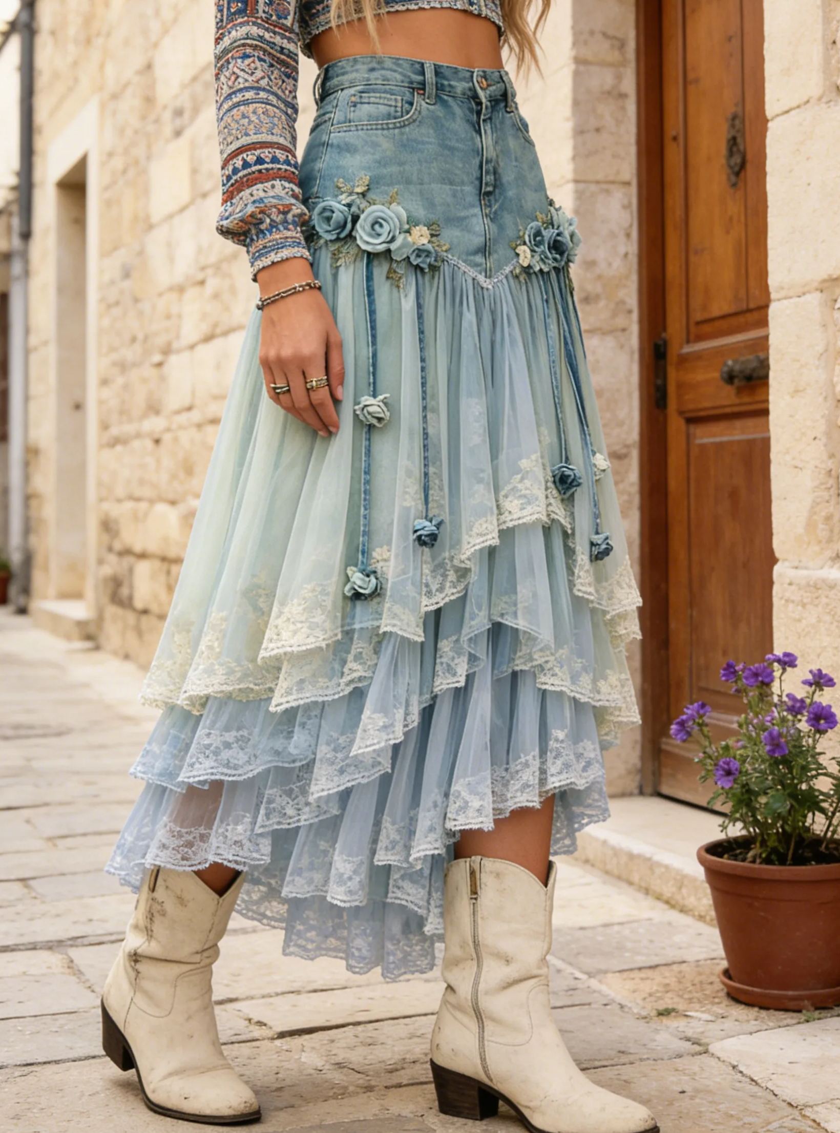 Fairy Light Blue Tulle Denim Patchwork 3D Blue Rose Lace Maxi Skirt