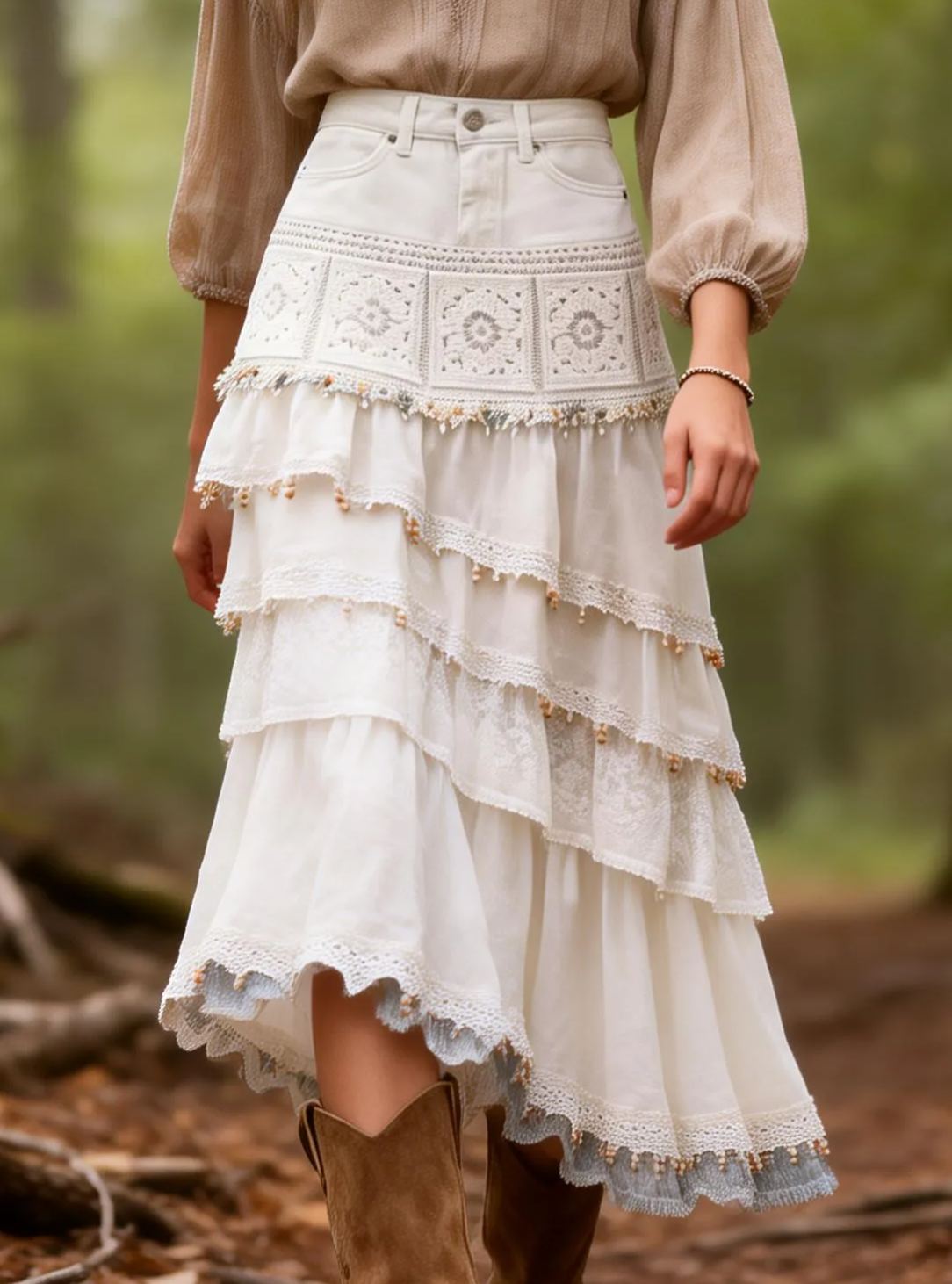 Bohemian White Linen Cotton Lace Crochet Tiered Maxi Skirt 