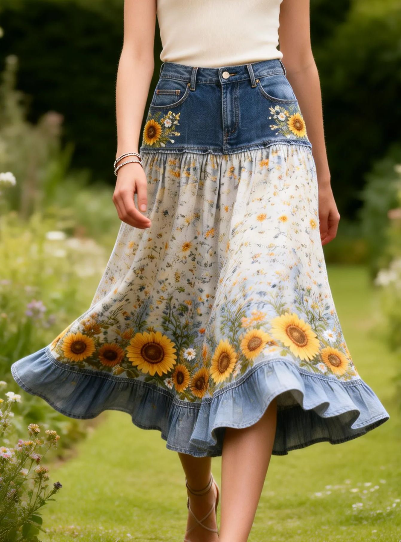 Denim Patchwork Sunflower Print Ruffled Maxi Skirt