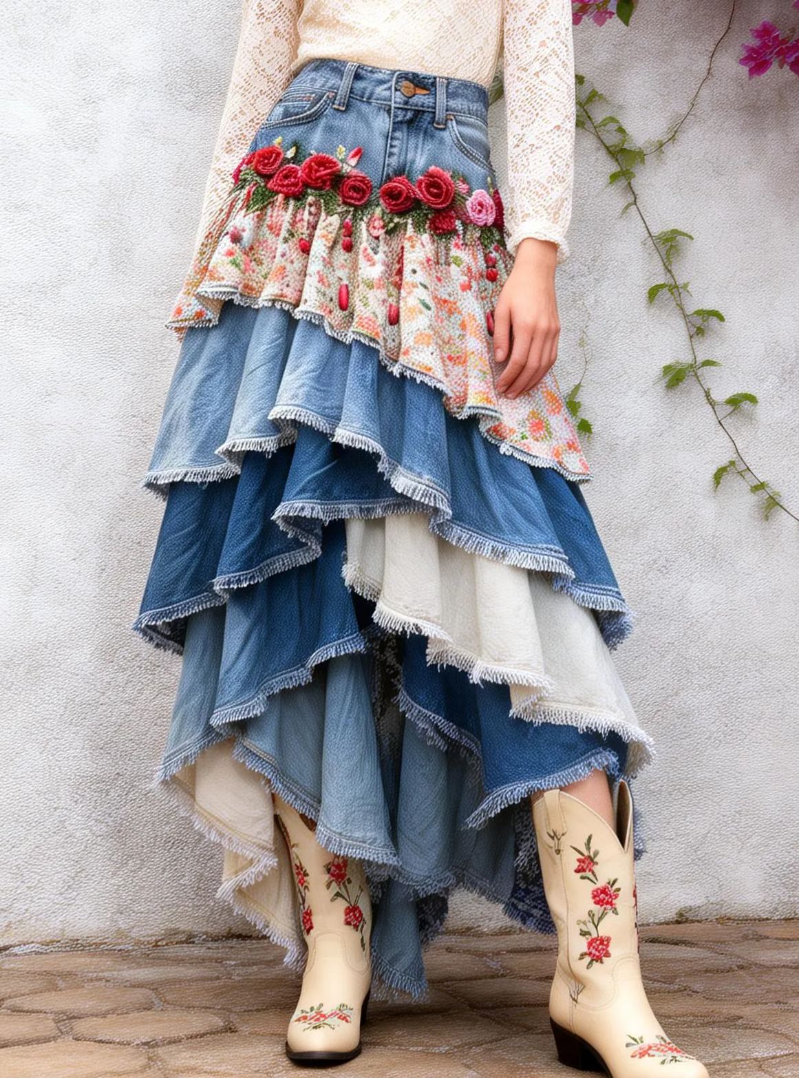 Vintage Pastoral Denim Patchwork Rose Floral Ruffled Asymmetrical Maxi Skirt