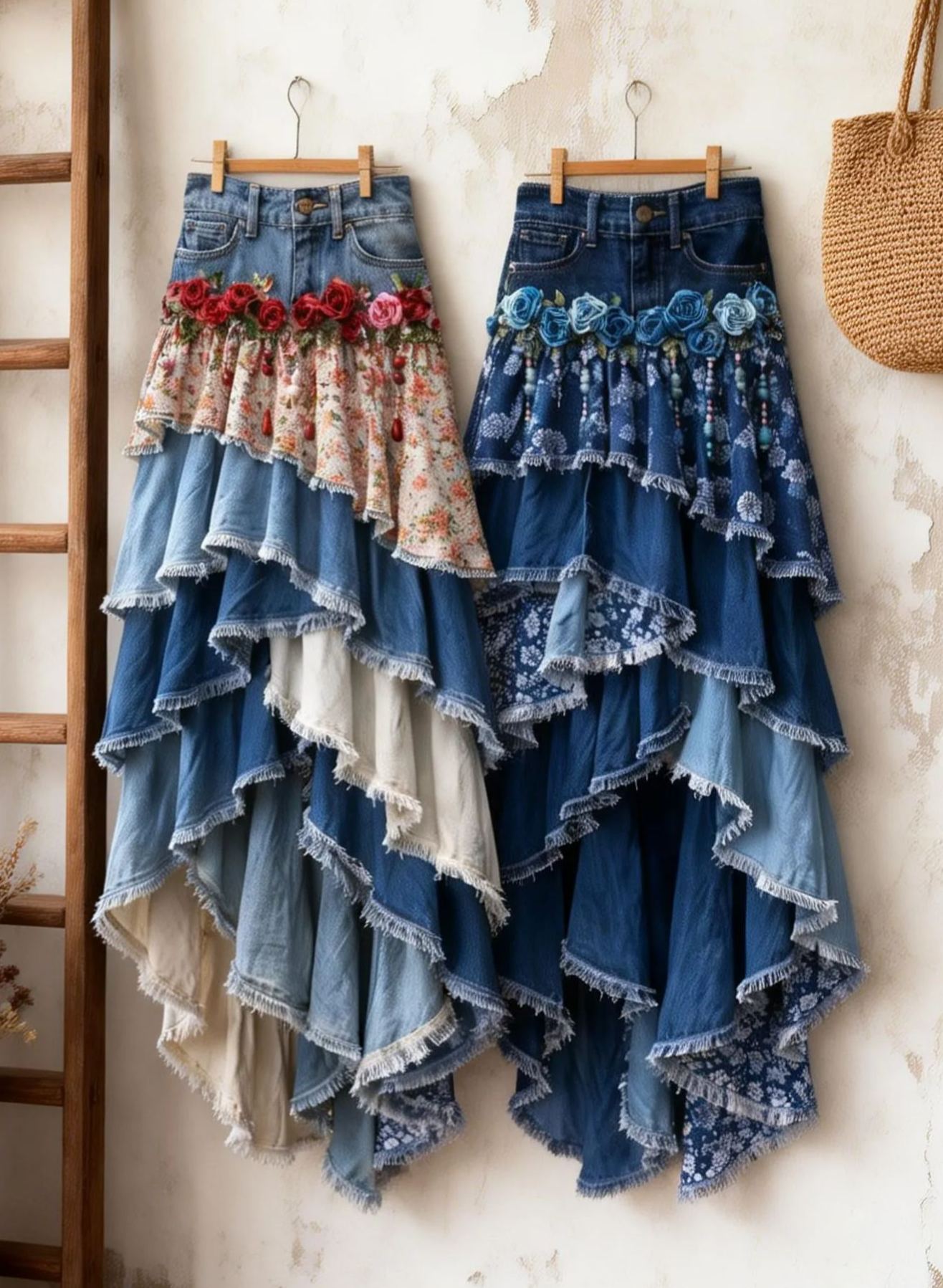 Vintage Pastoral Denim Patchwork Rose Floral Ruffled Asymmetrical Maxi Skirt