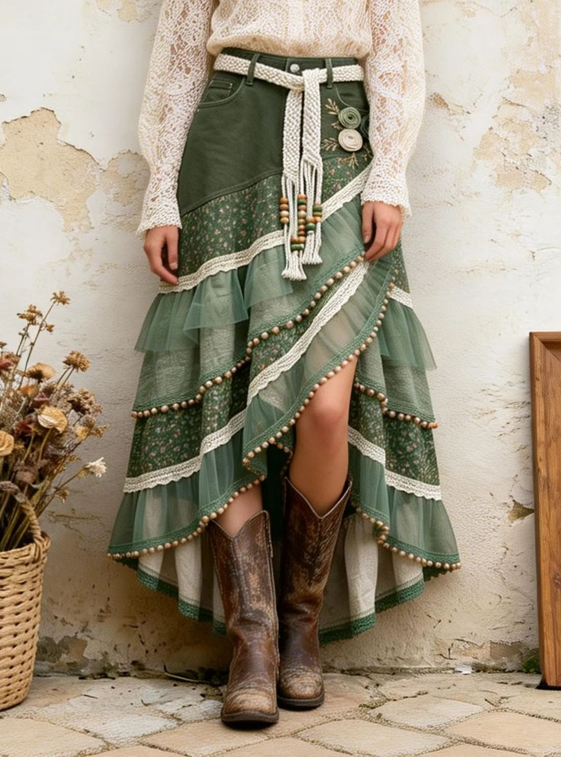 Vintage Bohemian Denim Patchwork Floral Tulle Ruffled Maxi Skirt with Wooden Beads & Lace