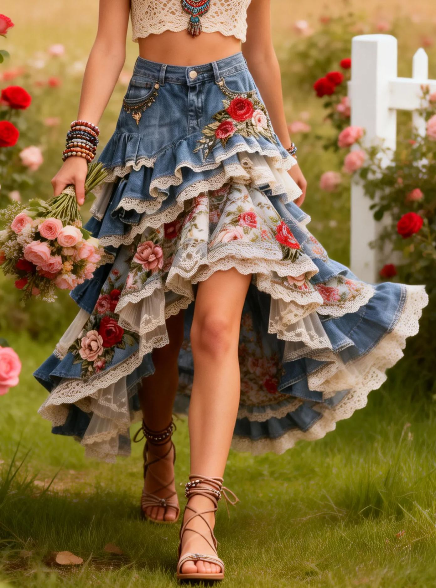 Vintage Romantic Denim Patchwork Pink-Red Rose Print Lace Asymmetrical Tiered Maxi Skirt