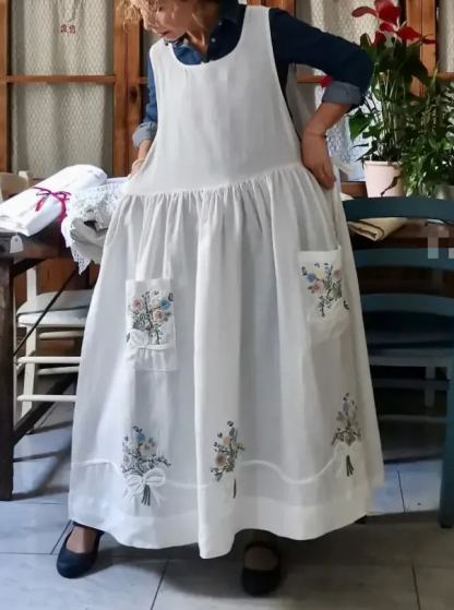White Cotton Bouquet Embroidered Apron