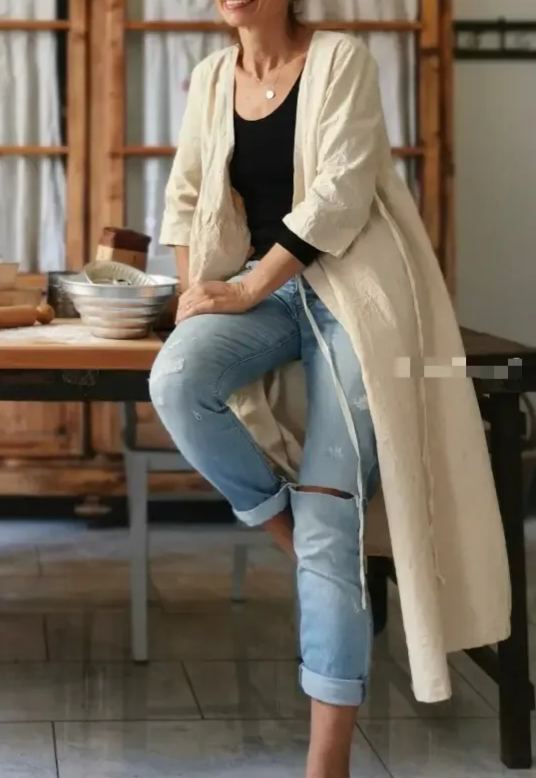 Women's Vintage Burlap Cross Duster Coat Summer Overcoat Smock Dress
