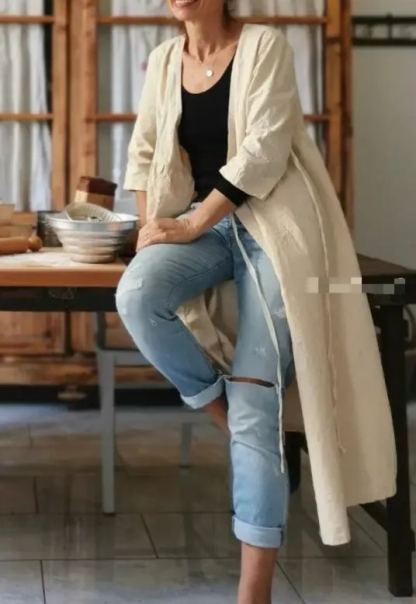 Women's Vintage Burlap Cross Duster Coat Summer Overcoat Smock Dress