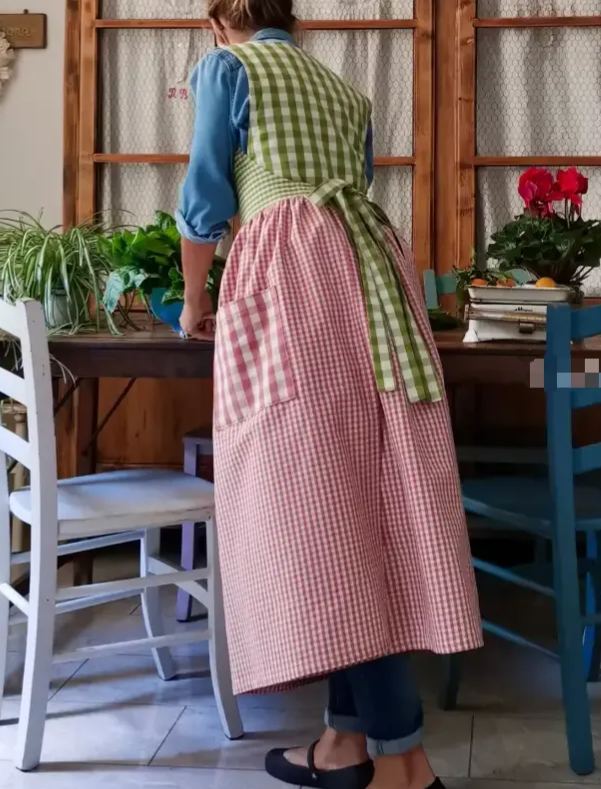 Pink and Green Checked Patchwork Cotton Apron