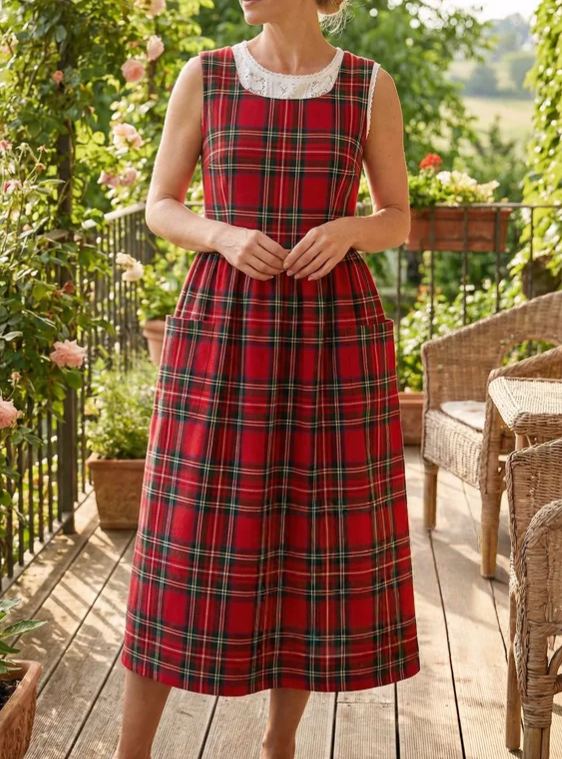Vintage Red & Black Plaid Long Apron & Dress (2-in-1)