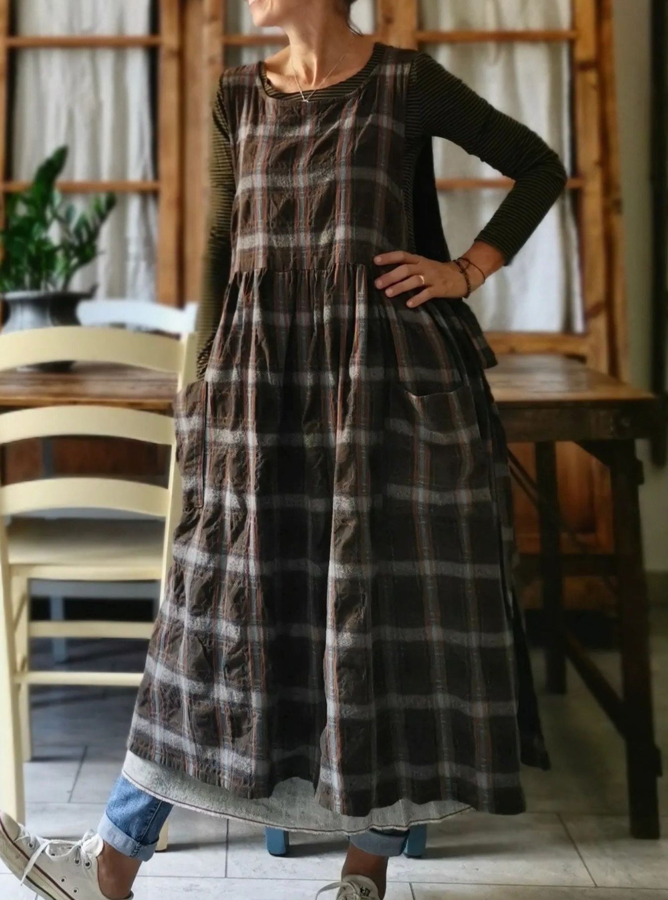 Brown Tartan Apron with Pockets