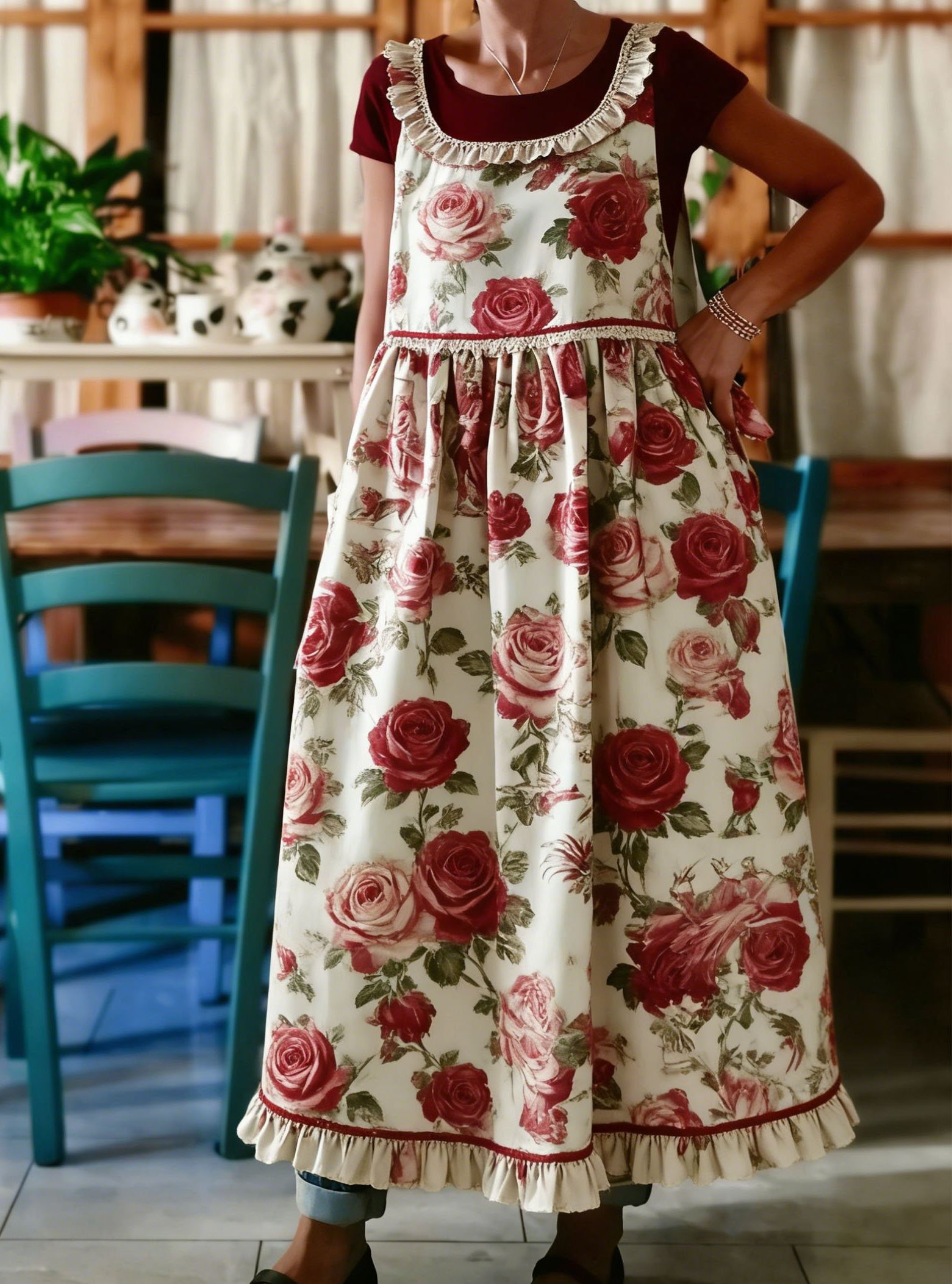 Vintage Rose Print Ruffled Apron