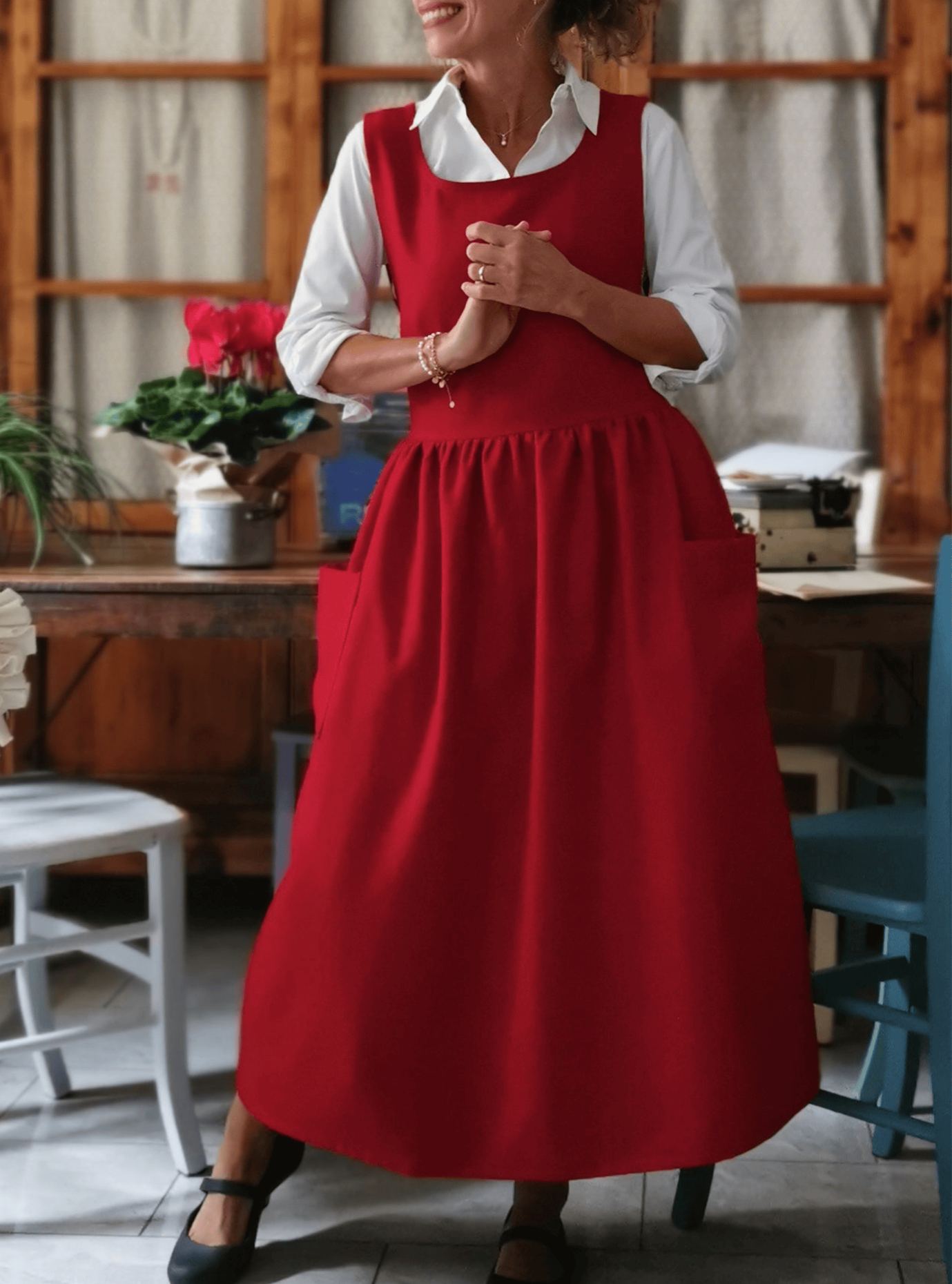 Vintage Red Apron with Pockets
