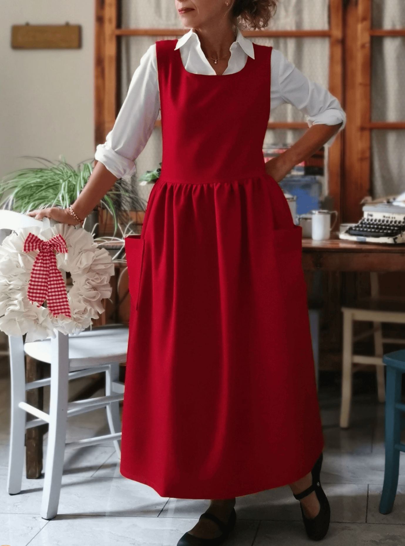 Vintage Red Apron with Pockets
