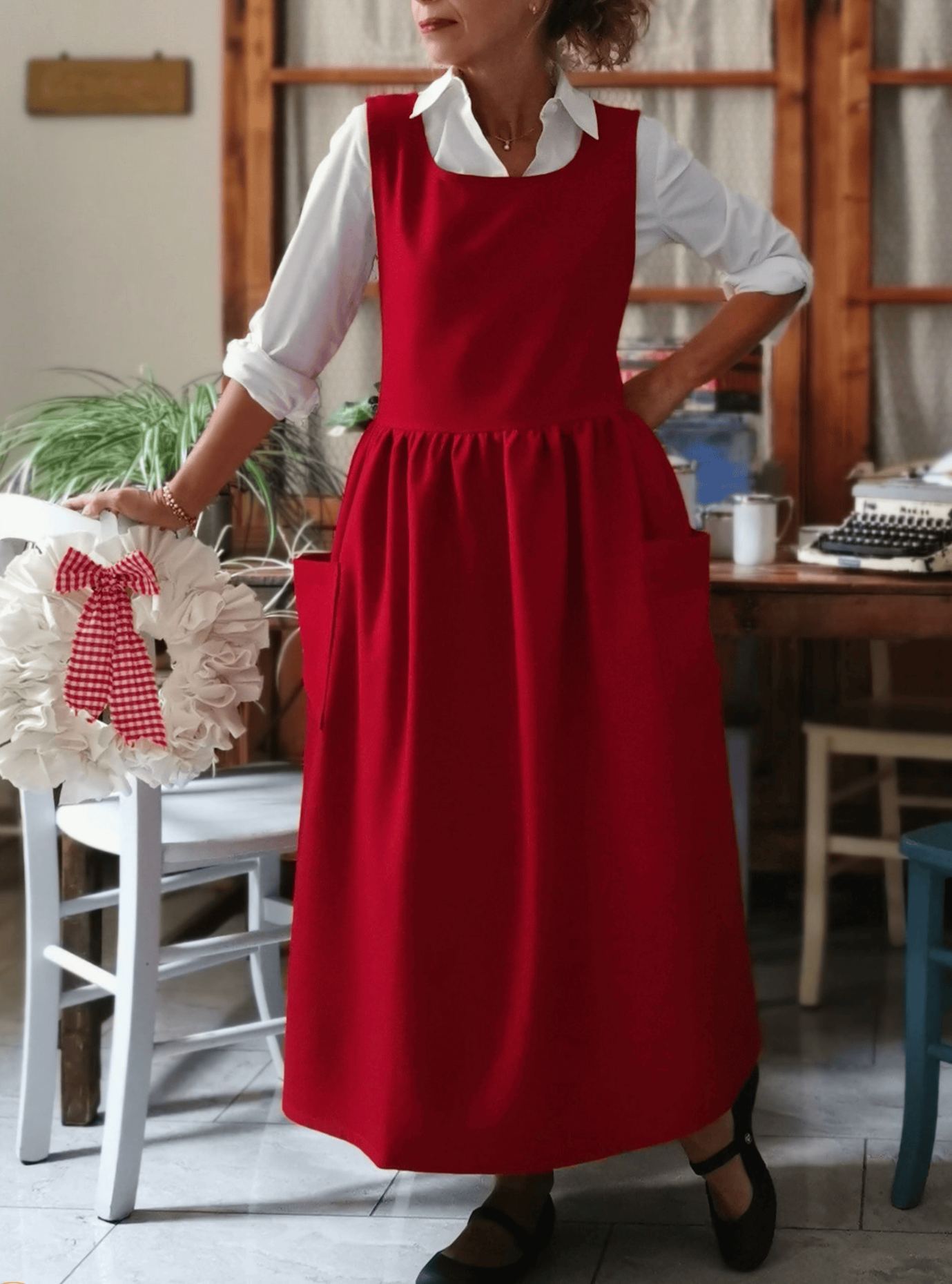 Vintage Red Apron with Pockets