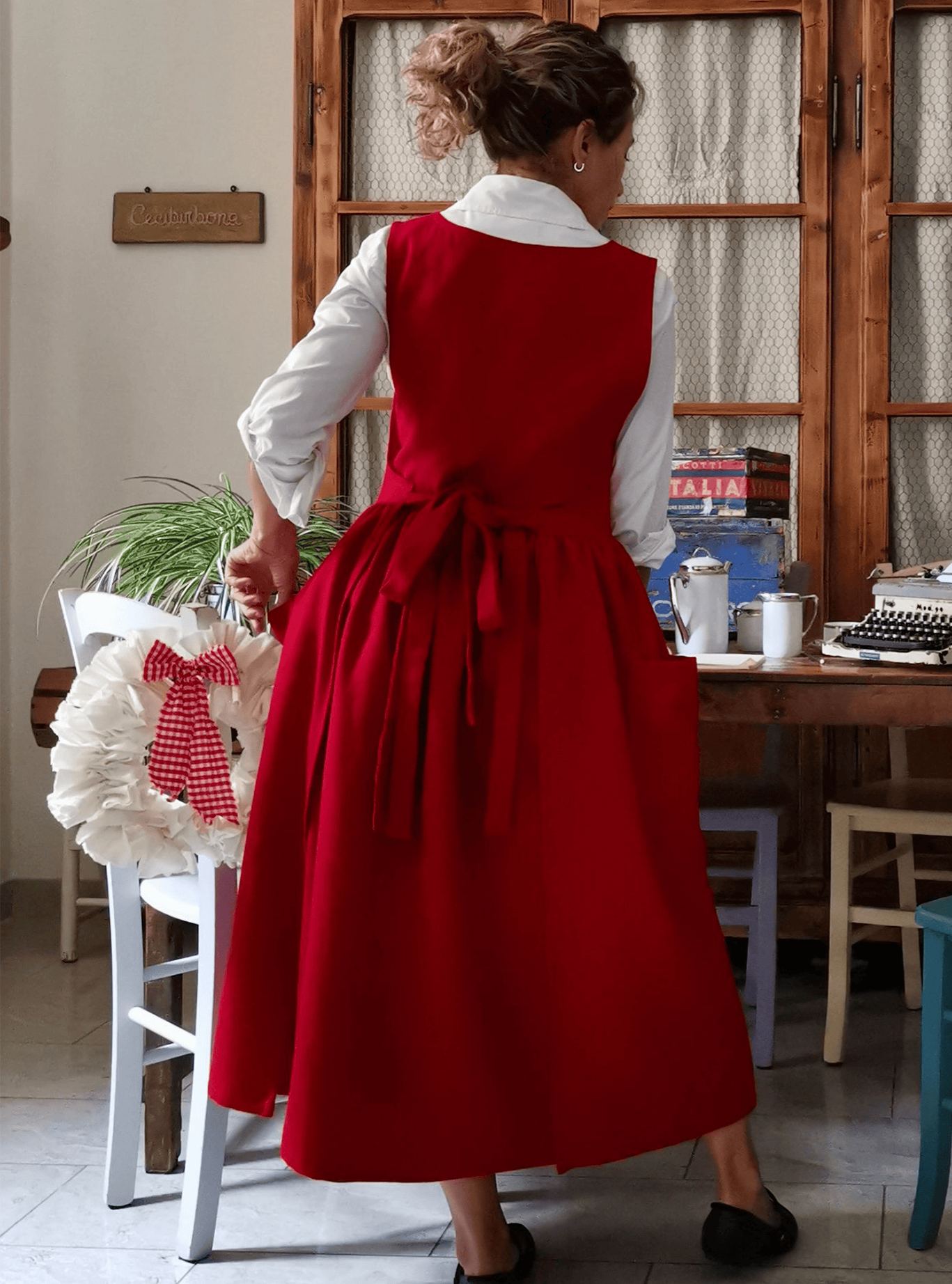 Vintage Red Apron with Pockets