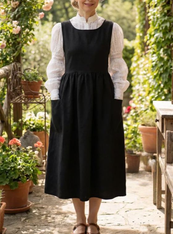 Vintage Solid Black Long Minimalist Apron & Dress (2-in-1)
